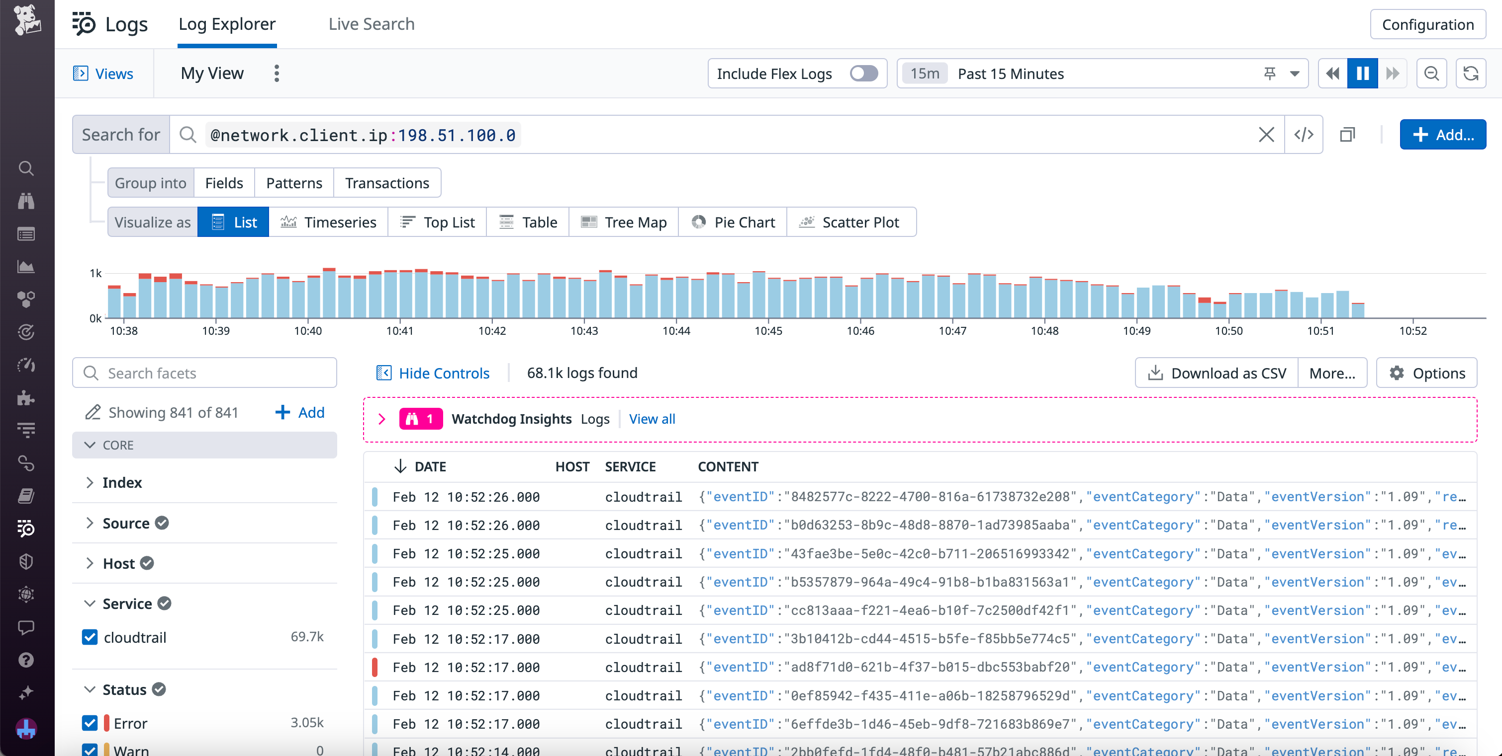 Logs in Log Explorer filtered to an IP address.