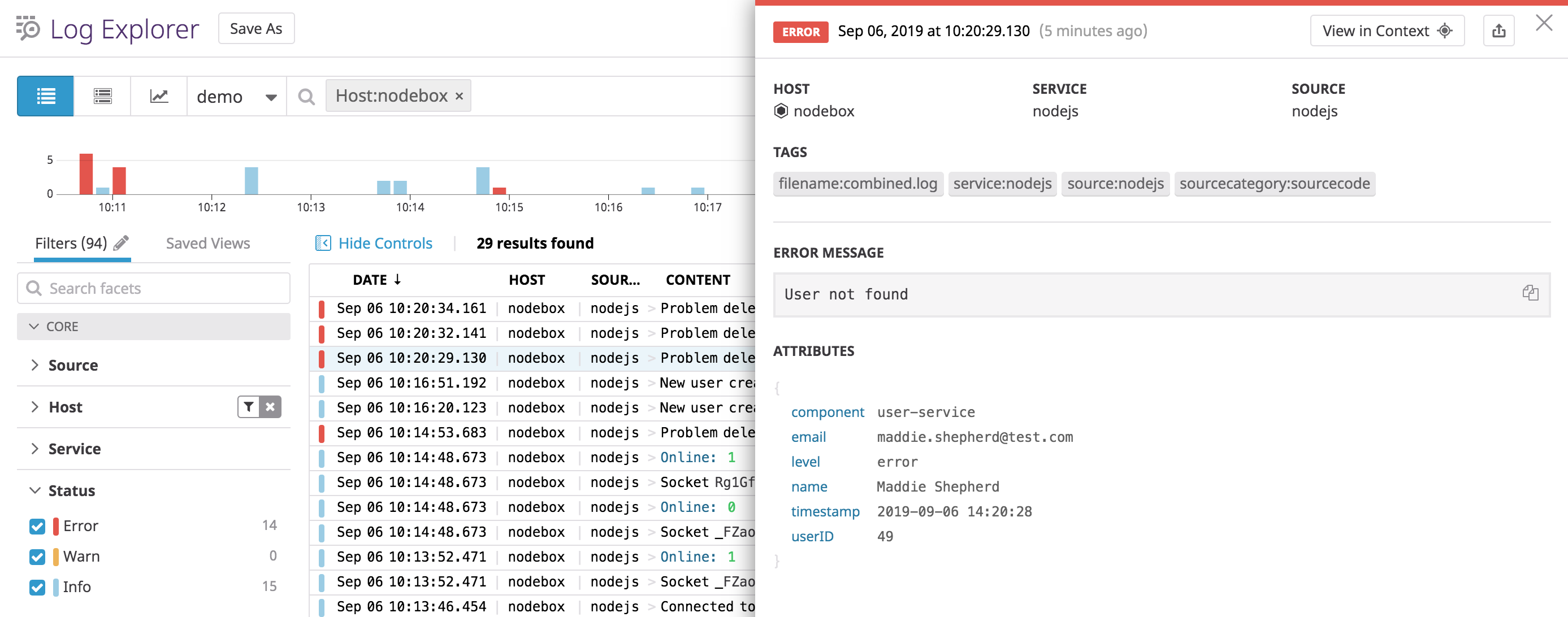 A Node.js log error