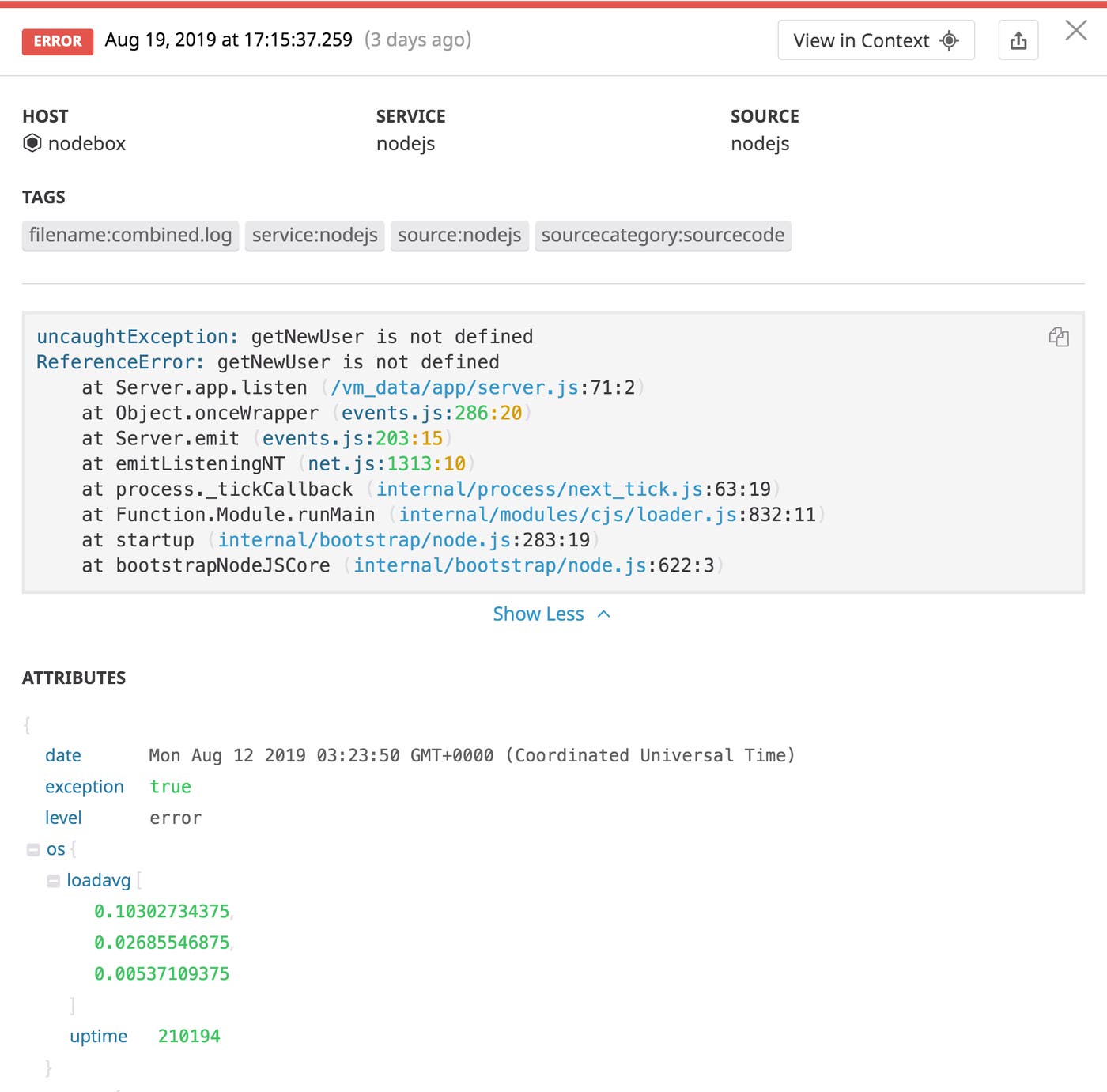 An example of a Node.js error log with the stack trace An example of a Node.js error log with the stack trace