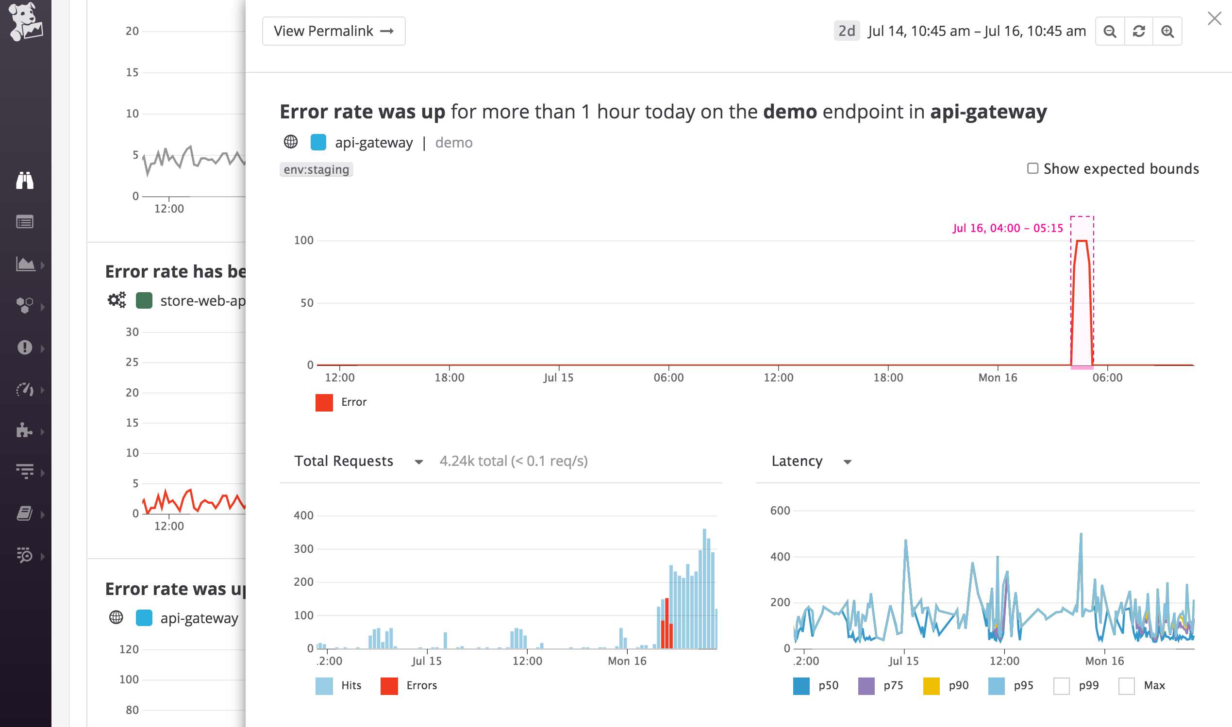 Node.js monitoring in Datadog Watchdog APM and distributed tracing