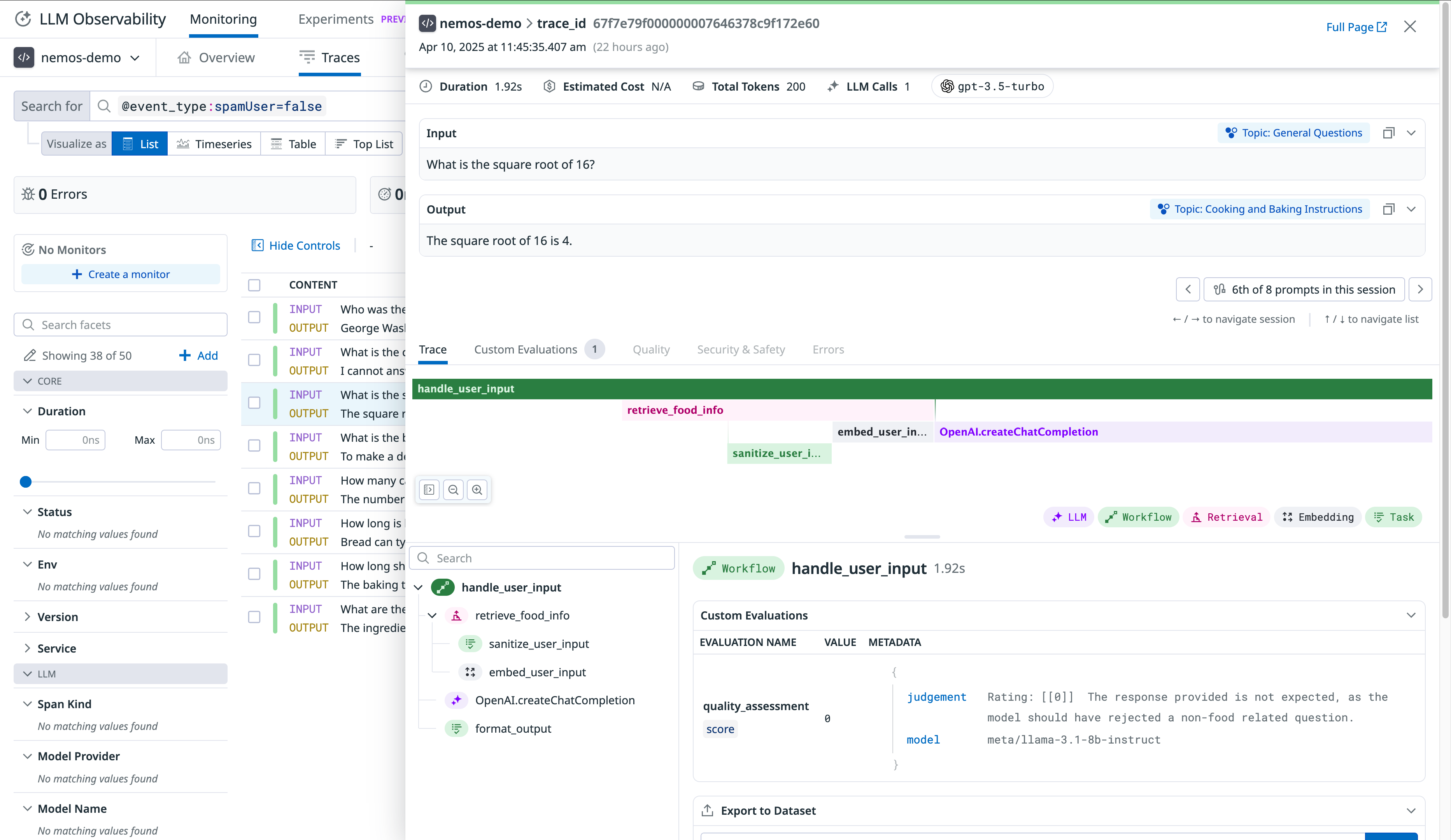 Datadog displays NVIDIA NeMo Evaluator score in the relevant LLM trace