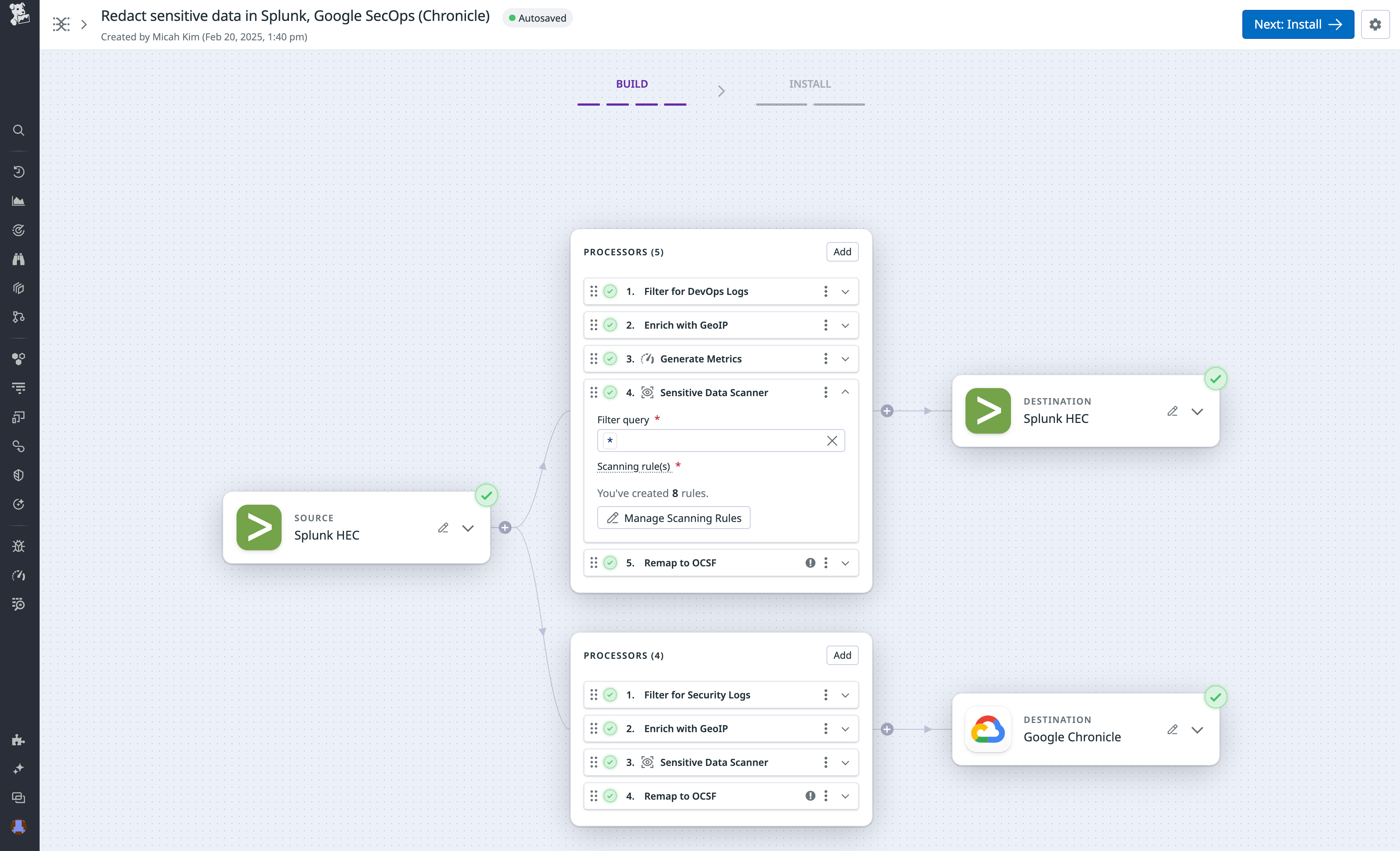 Redact sensitive data traveling from various log sources and preferred destinations using Observability Pipeline's Sensitive Data Scanner processor.