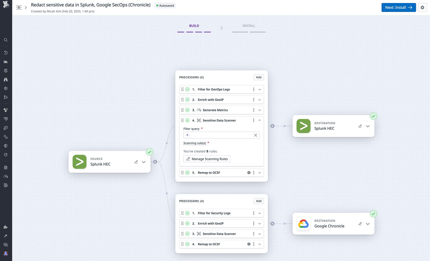 Redact sensitive data traveling from various log sources and preferred destinations using Observability Pipeline's Sensitive Data Scanner processor. Redact sensitive data traveling from various log sources and preferred destinations using Observability Pipeline's Sensitive Data Scanner processor.