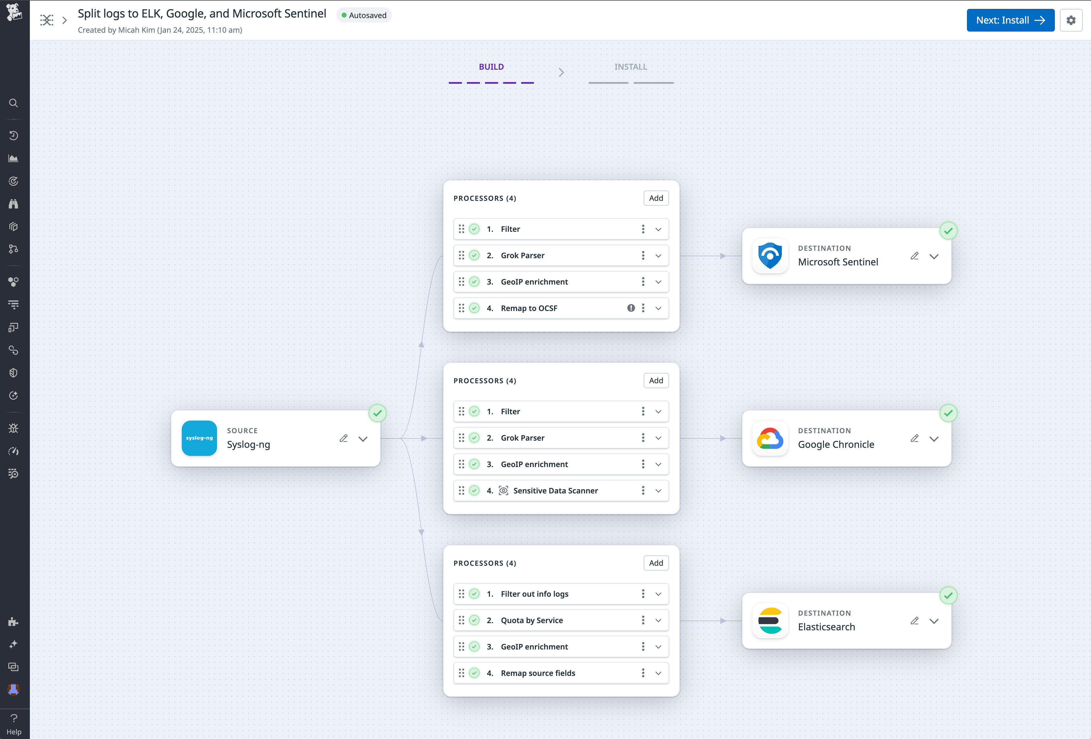 A log splitting pipeline that sends logs to Microsoft Sentinel and other destinations.