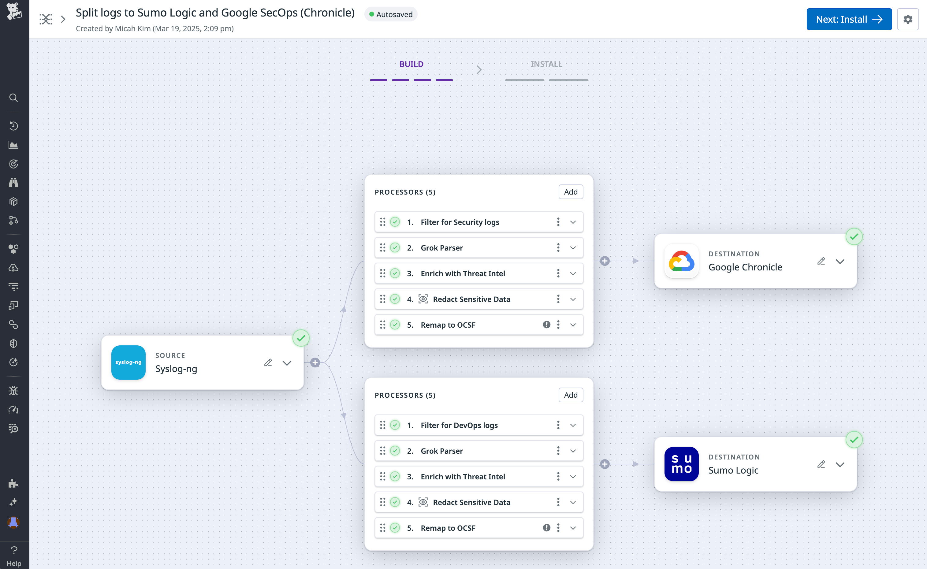 A log splitting pipeline that sends logs to Google SecOps and Sumo Logic.