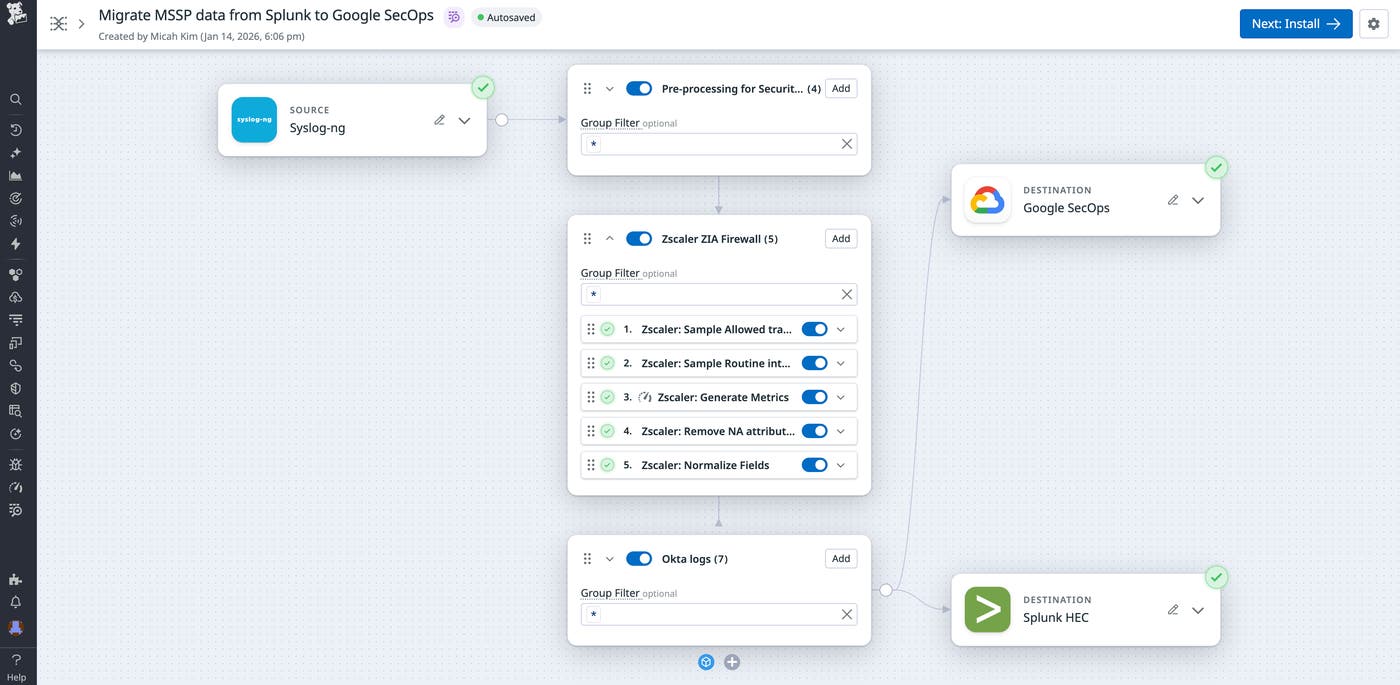 Pipeline migration example: preprocess Zscaler and Okta logs, route to Google SecOps and Splunk. Pipeline migration example: preprocess Zscaler and Okta logs, route to Google SecOps and Splunk.