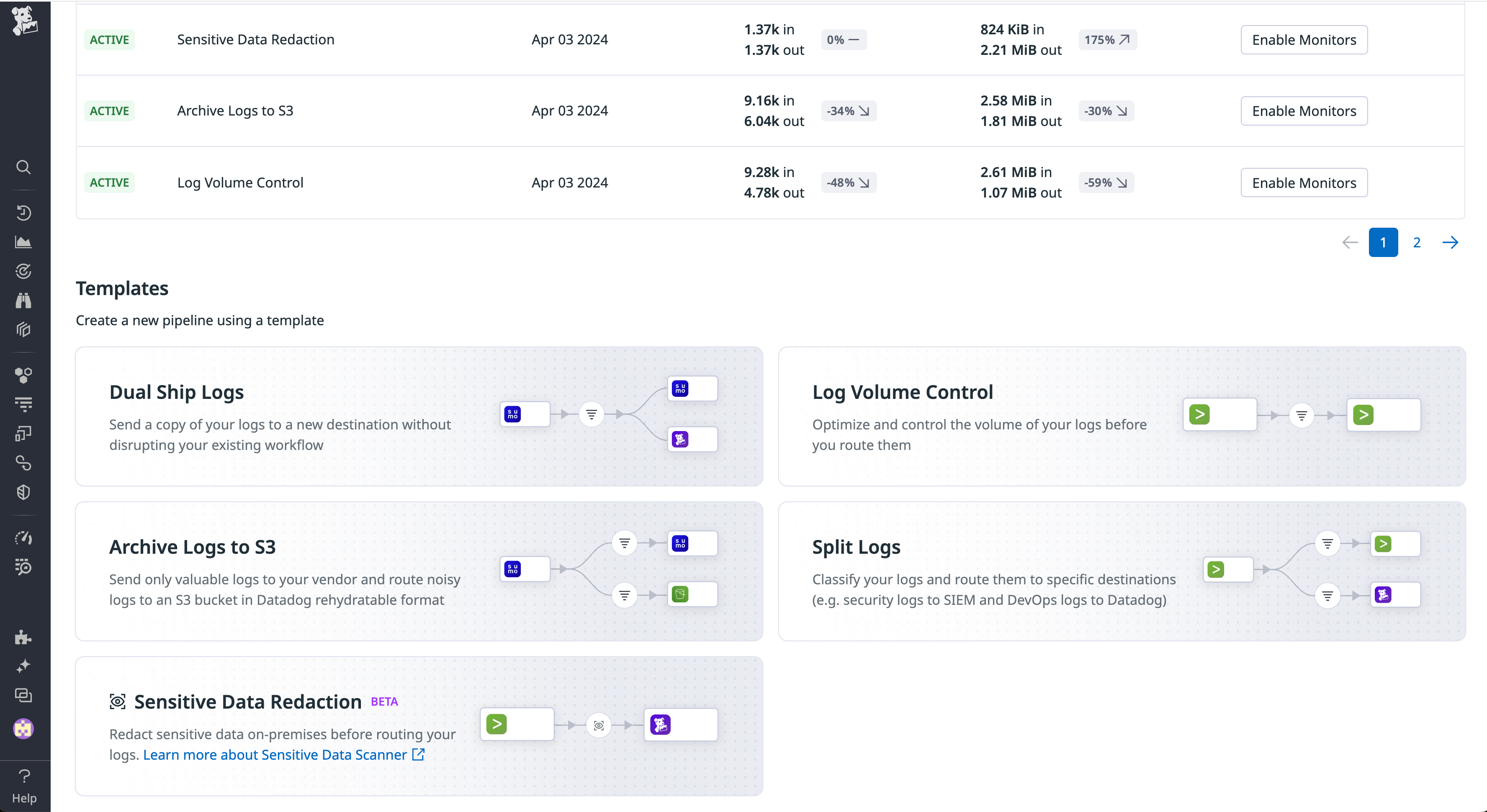 View  of Observability Pipelines landing page