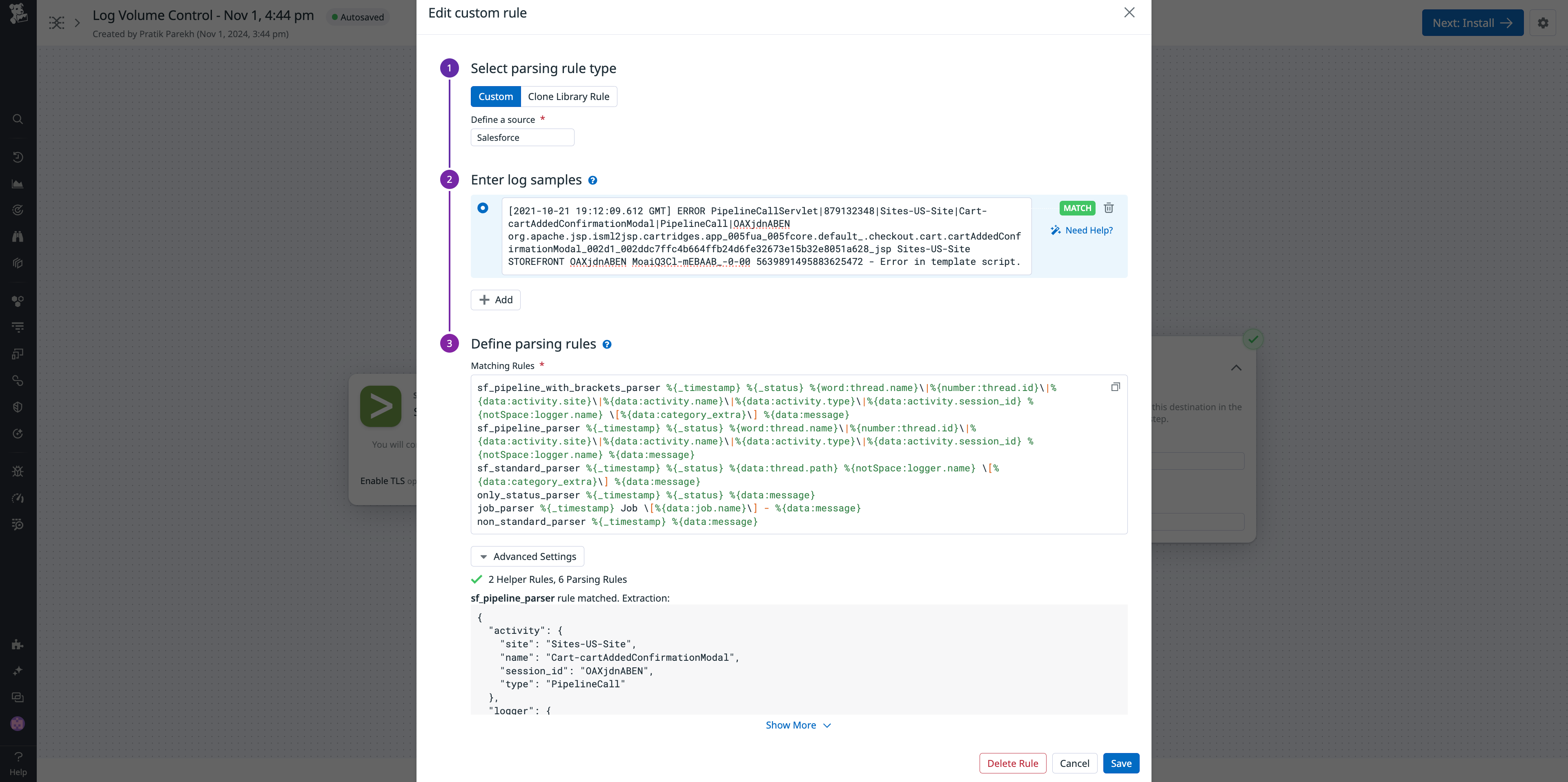 View  of a user creating a custom parsing rule for Salesforce logs.