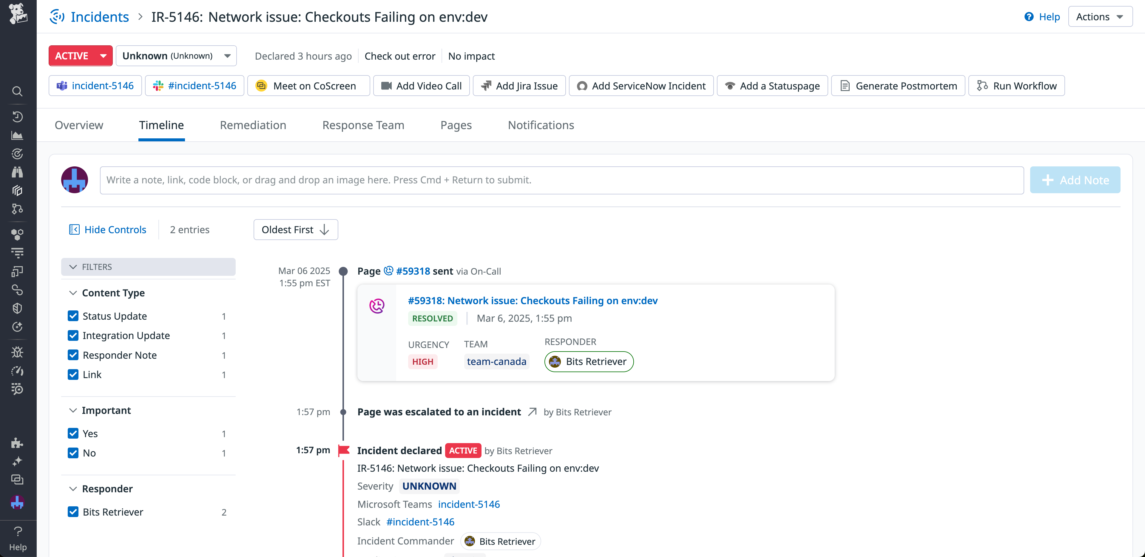 The timeline for an incident in Incident Management, showing a page being received and escalated to an incident.