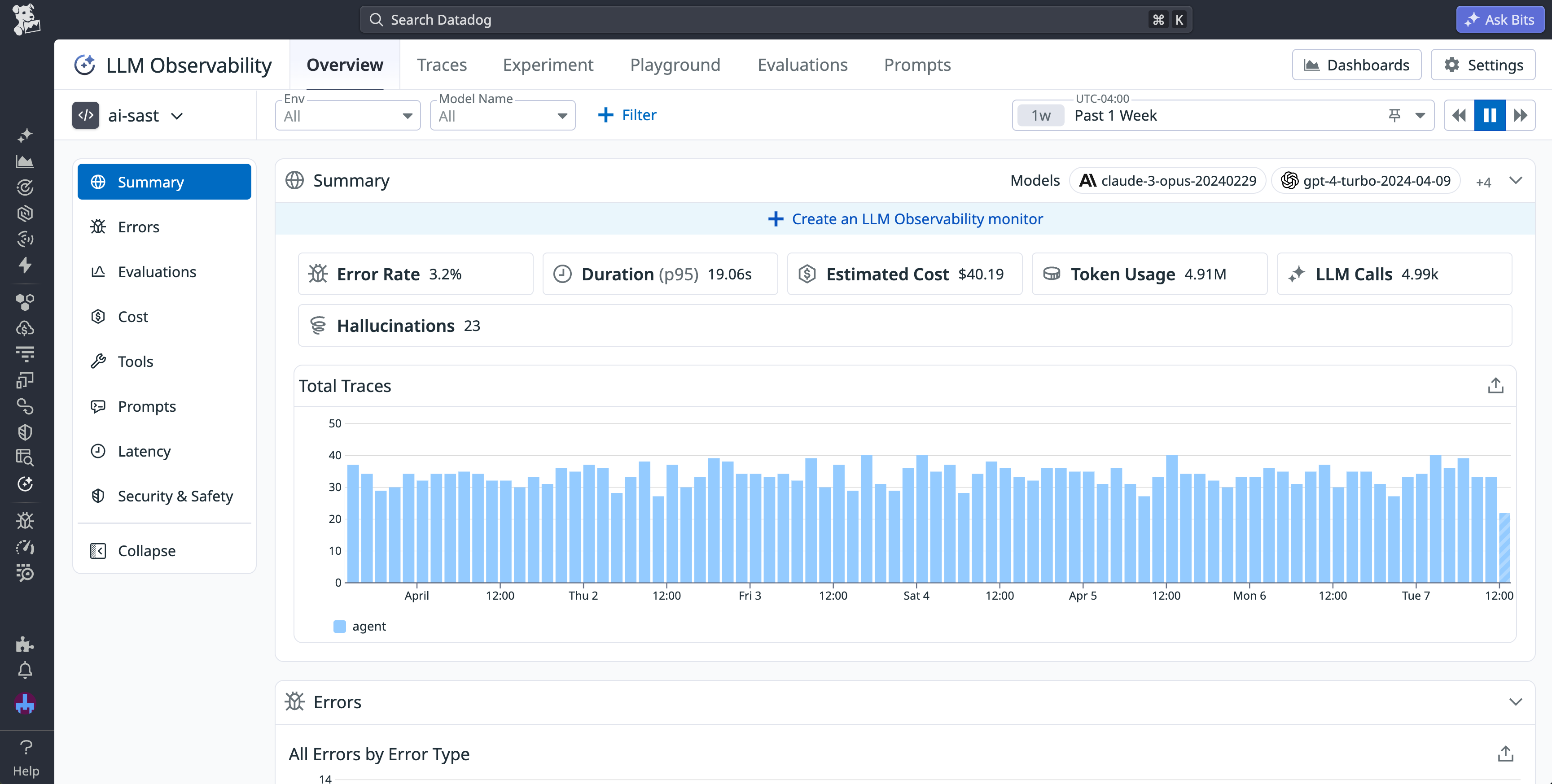 The overview page for an app in LLM Observability, with key metrics and a graph showing trace activity displayed.