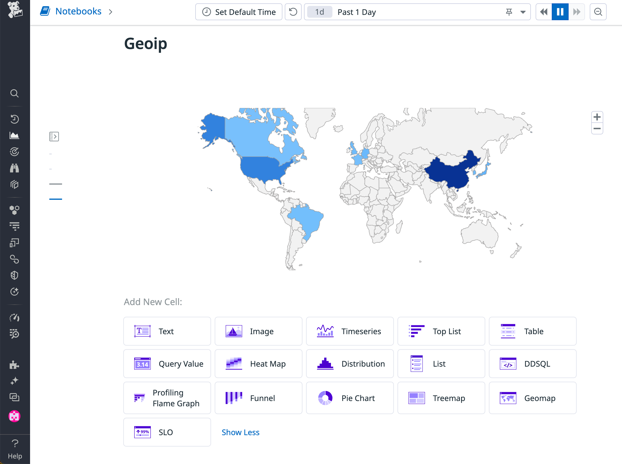 View  of a world map in a Datadog notebook that was created by the GeoIP Parser.
