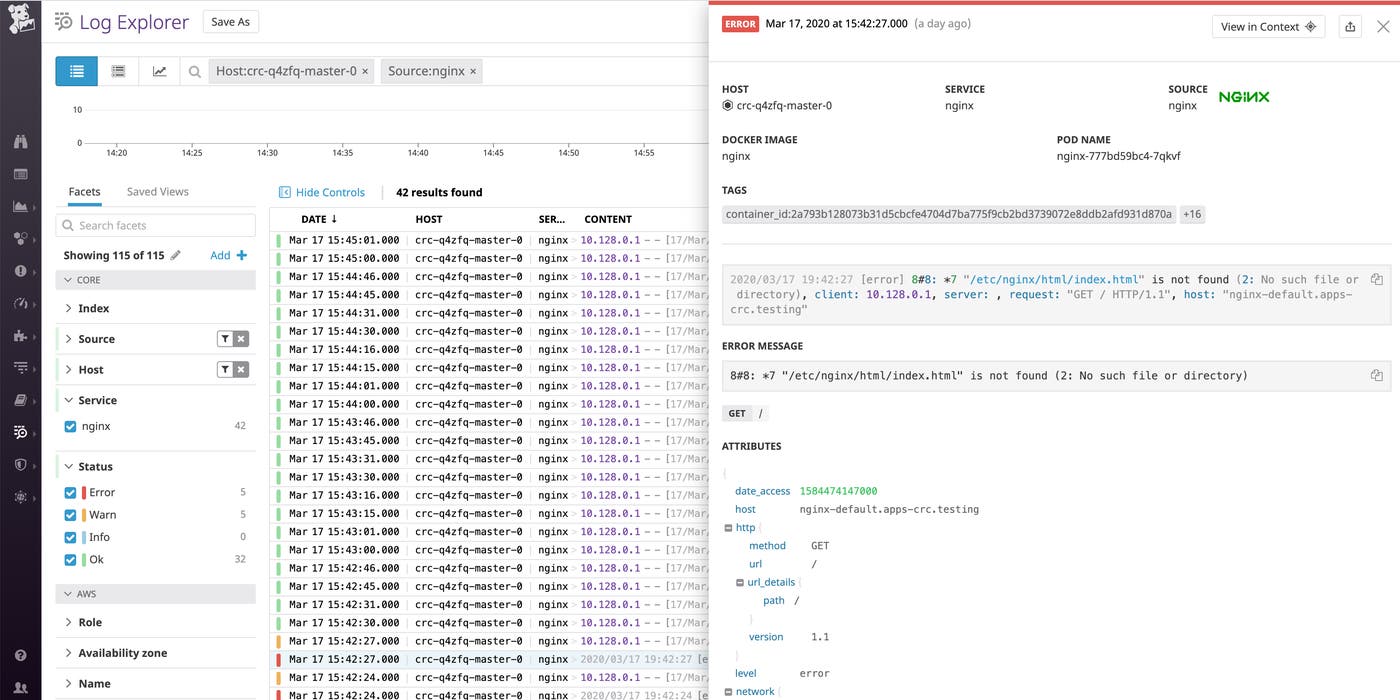 Datadog can automatically pull out important information in logs from sources like NGINX. Datadog can automatically pull out important information in logs from sources like NGINX.
