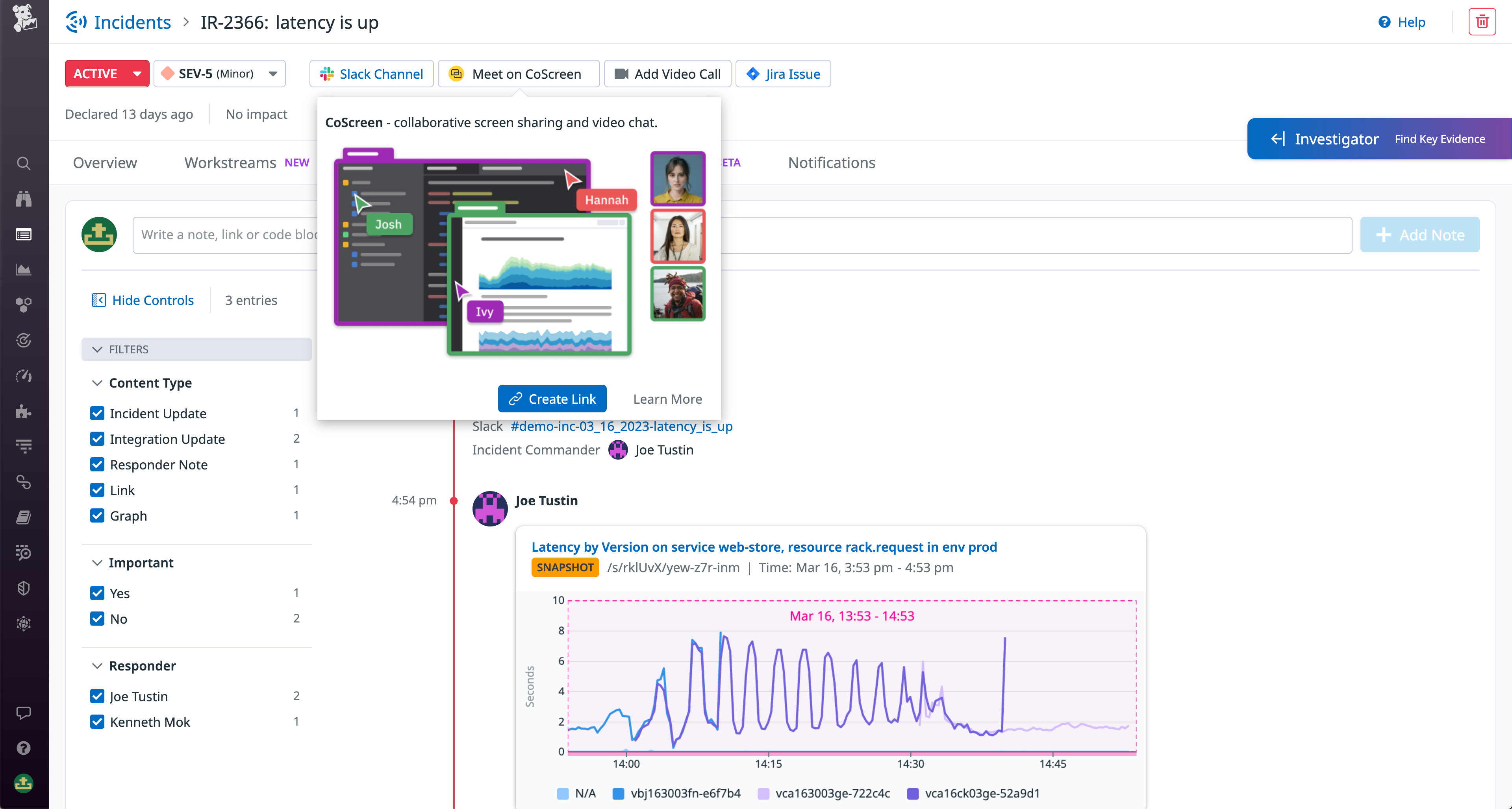 Pivot directly from a Datadog incident to a new CoScreen meeting