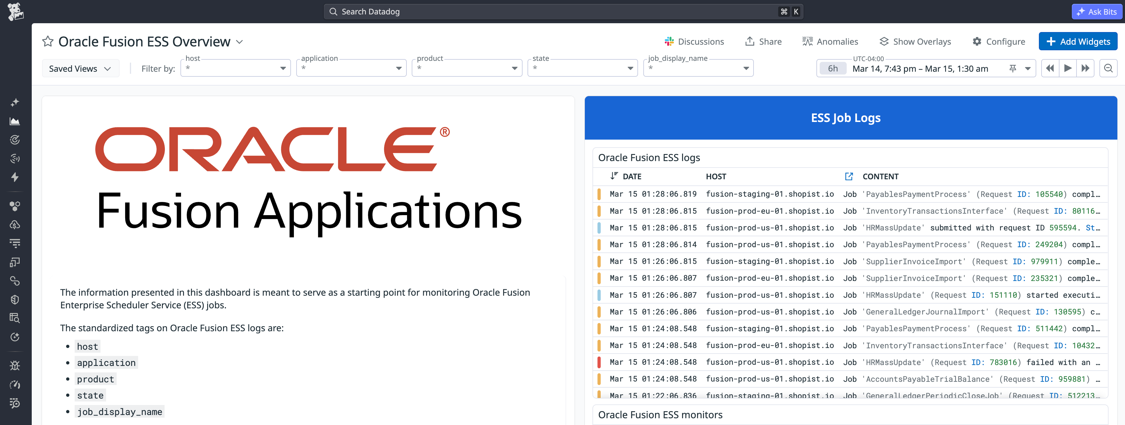 A Datadog dashboard displaying an overview of Oracle Fusion ESS job logs, including job name, type, request parameters, and submission timestamps.