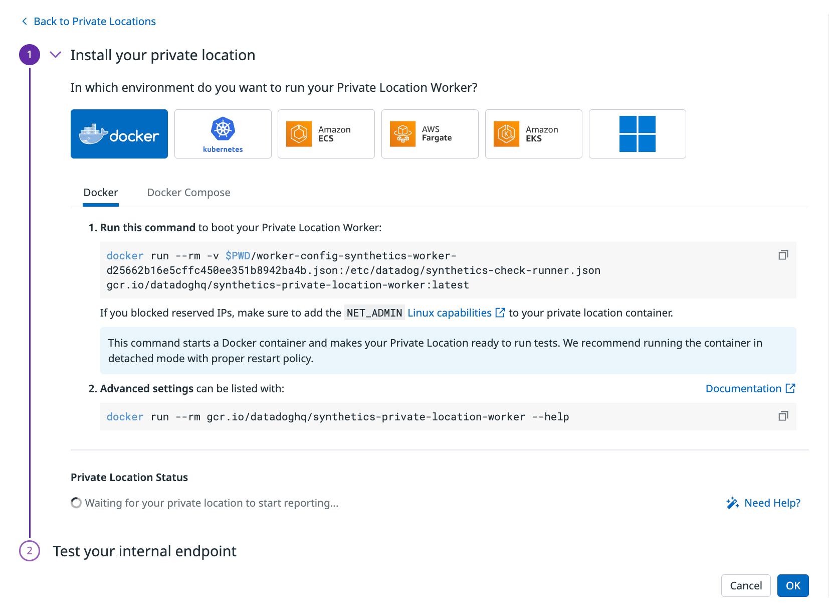 To install a private location for private synthetic monitoring, use Datadog’s built-in integrations with Docker, ECS, Kubernetes, and other services.
