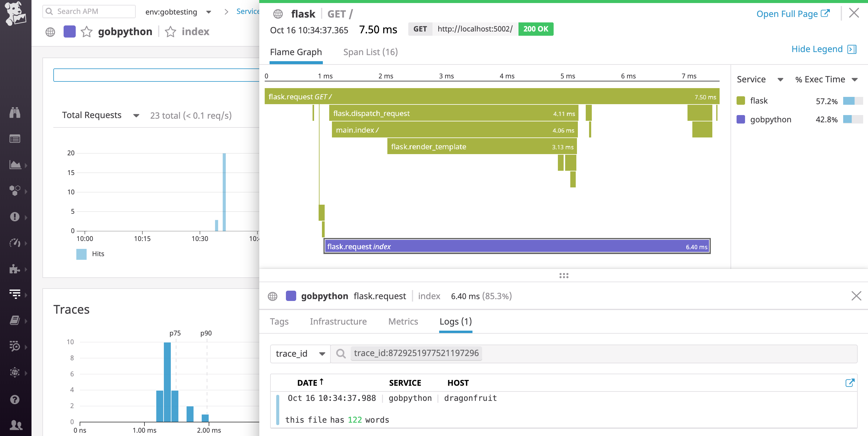 Datadog Python logs correlated with request traces