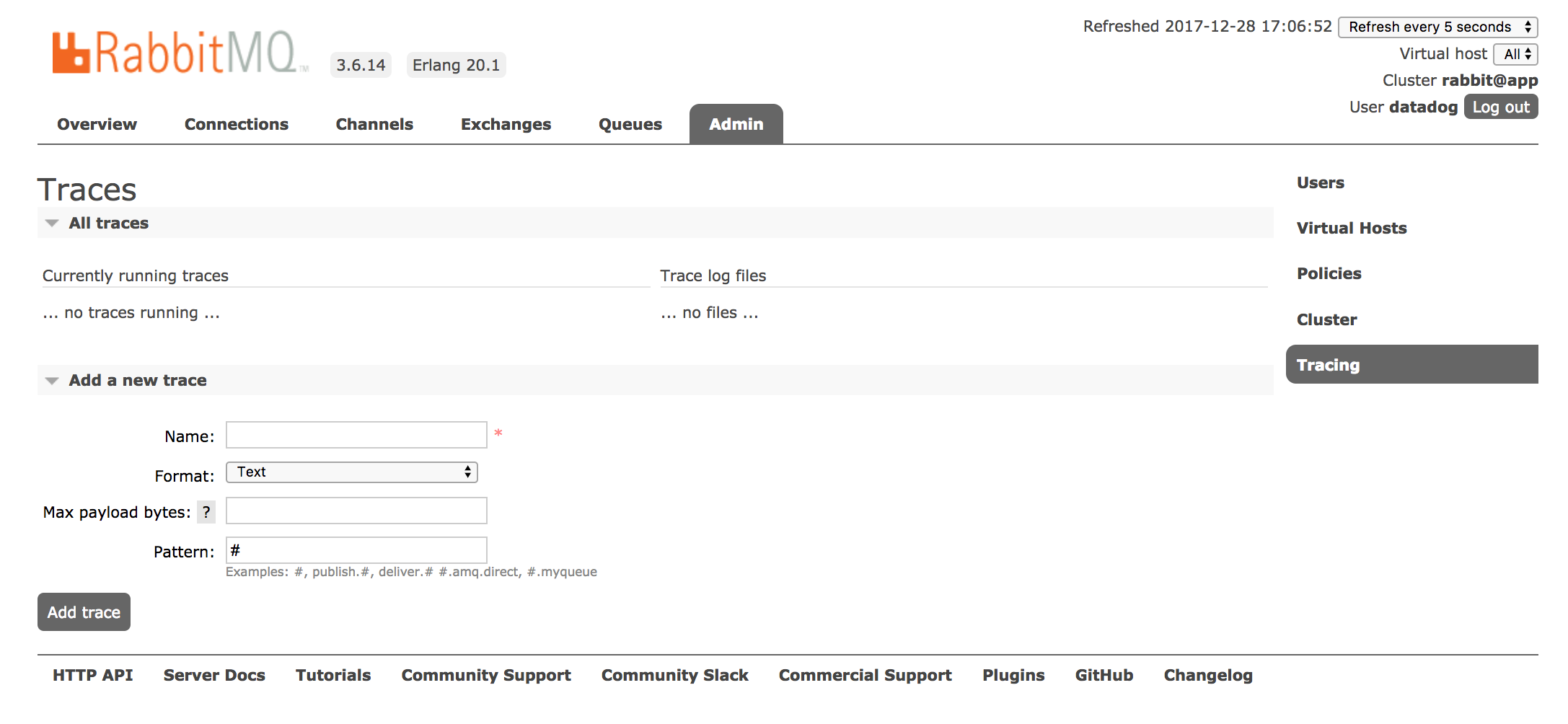RabbitMQ monitoring tools - The Tracing page within the management UI