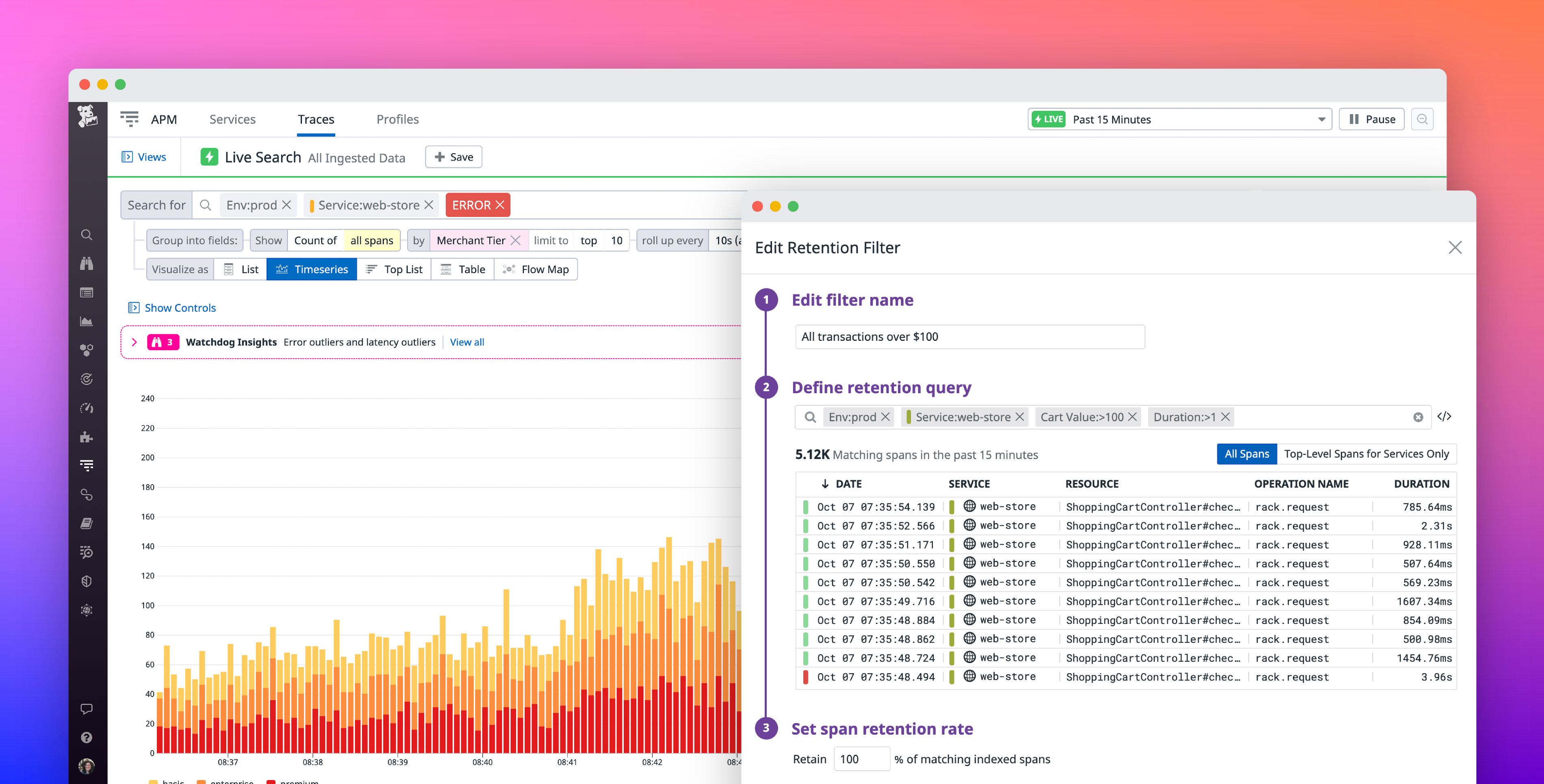 Datadog Distributed Tracing: live-query all ingested traces, retain only the ones you need
