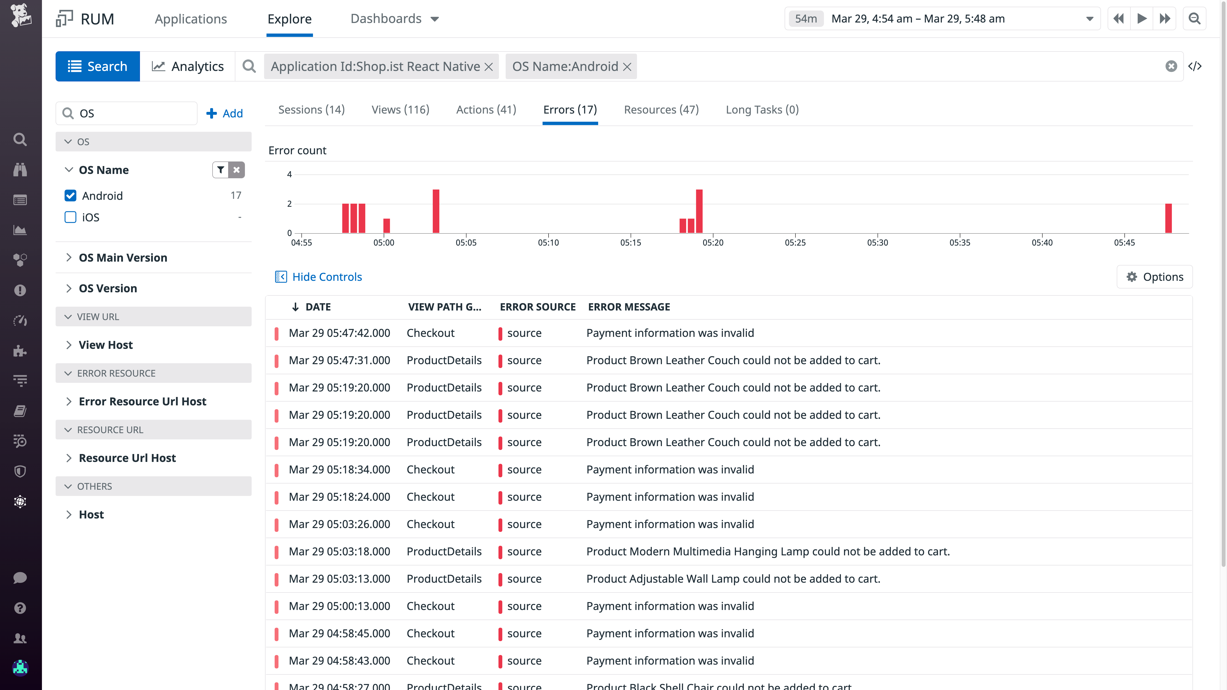 React Native monitoring - Viewing errors emitted by a React Native application.