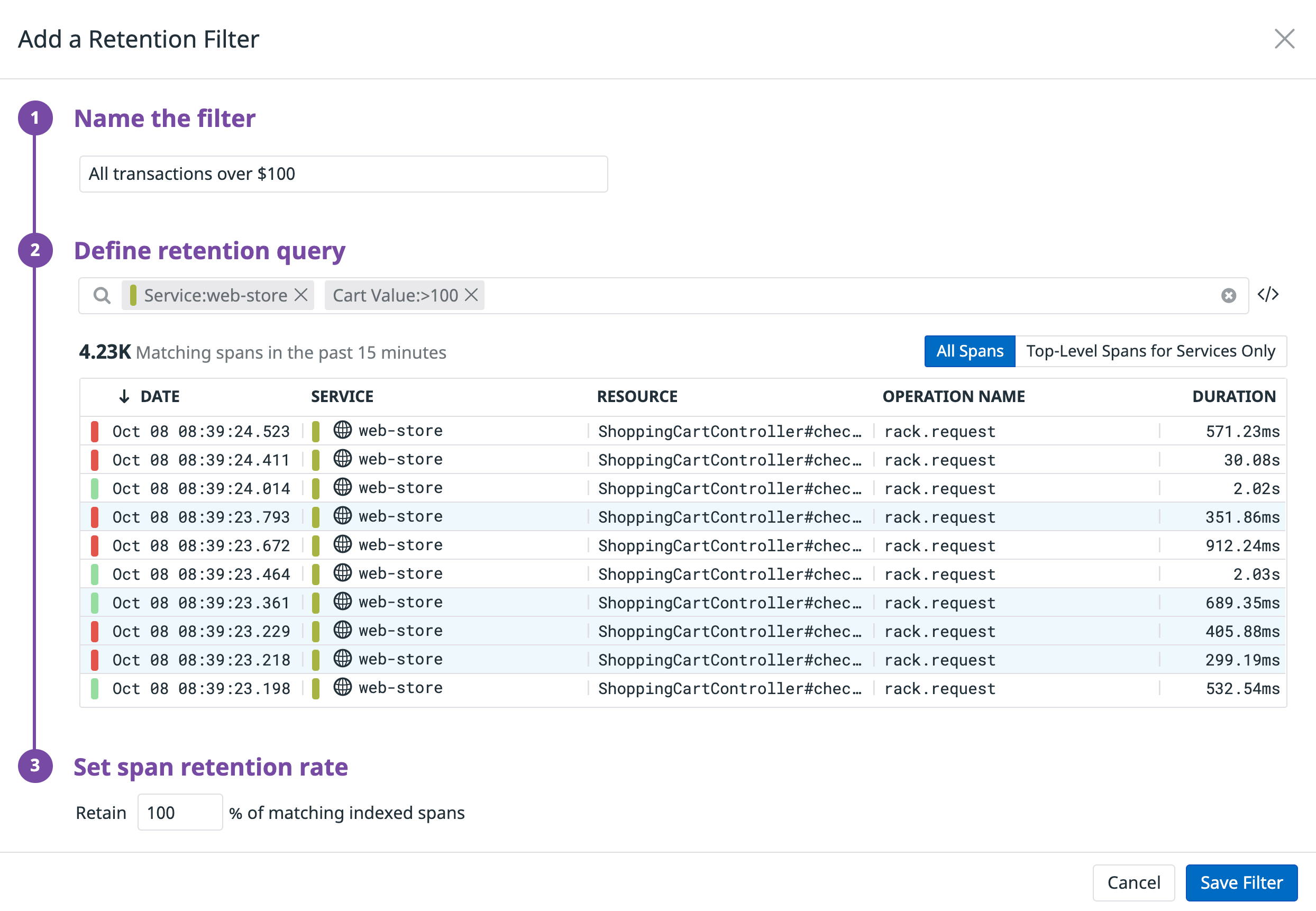 Add a retention filter to keep high-value traces
