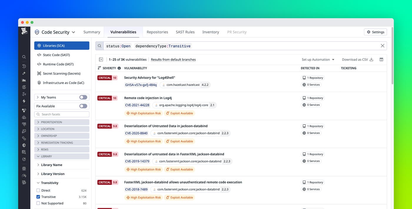 Remediate transitive vulnerabilities faster with Datadog Software Composition Analysis Remediate transitive vulnerabilities faster with Datadog Software Composition Analysis