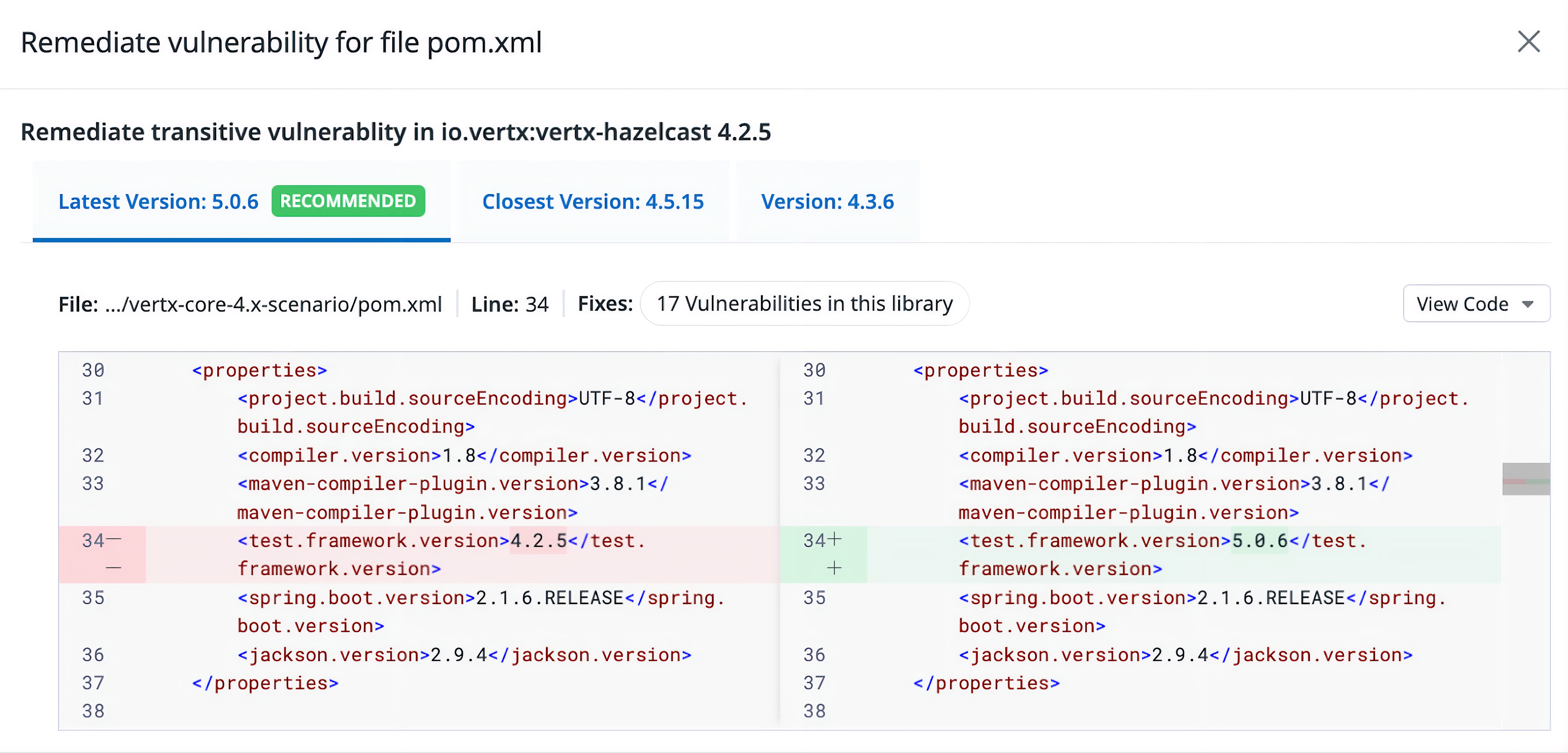 Remediation view proposing an upgraded dependency version and showing the exact change.