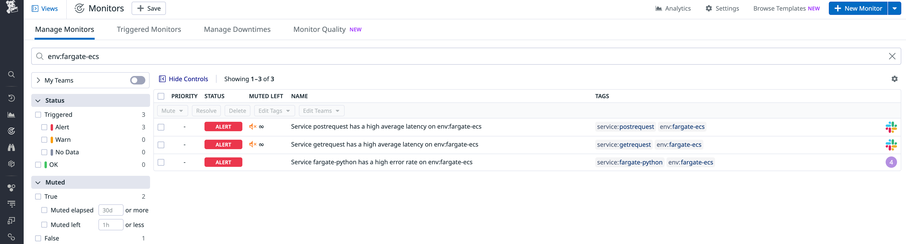 View of the Manage Monitors page showing three monitors in an alert state. Two of the three are muted.