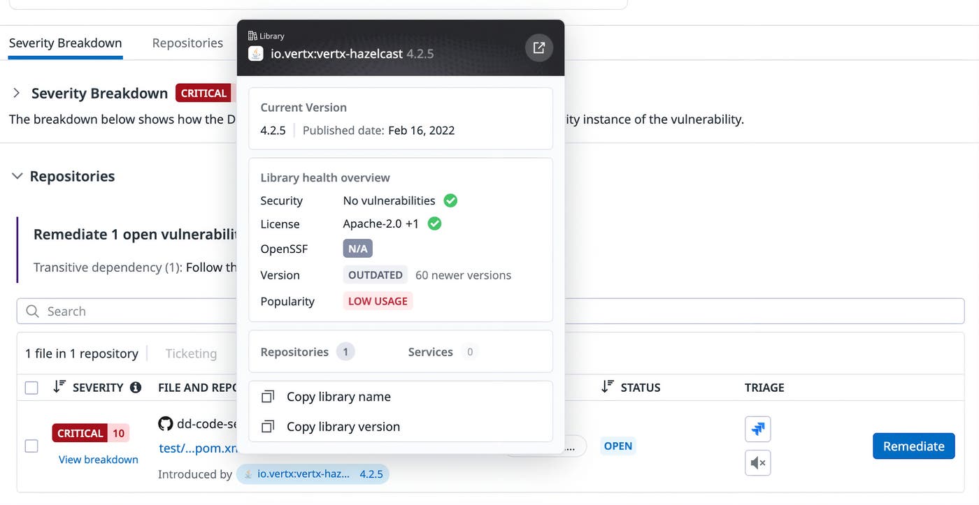 Dependency details pop-up window summarizing version number, security posture, and usage signals. Dependency details pop-up window summarizing version number, security posture, and usage signals.
