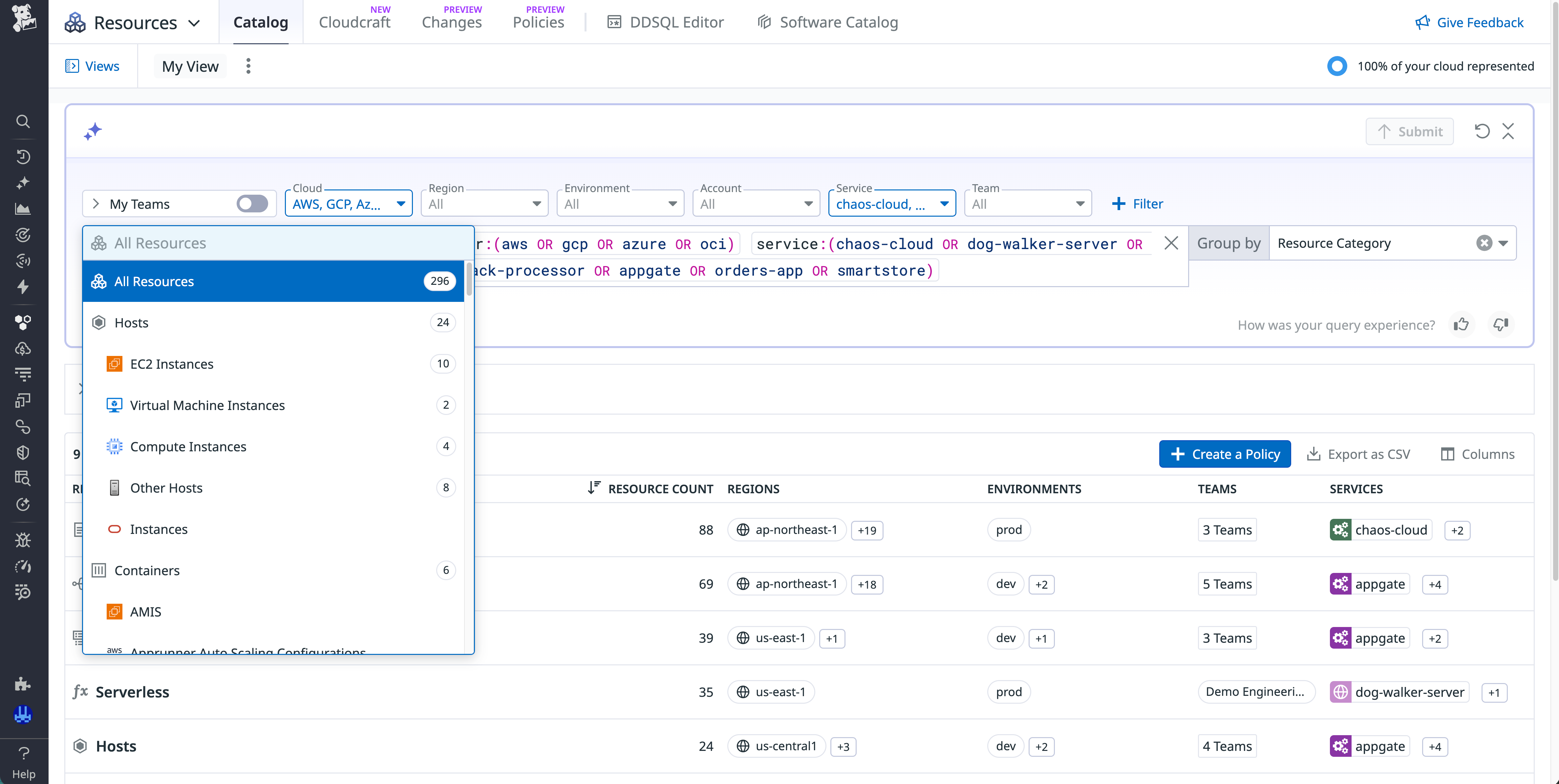 Screenshot from Resource Catalog that shows resource types for AWS, Azure, Google Cloud, and Oracle Cloud Infrastructure.