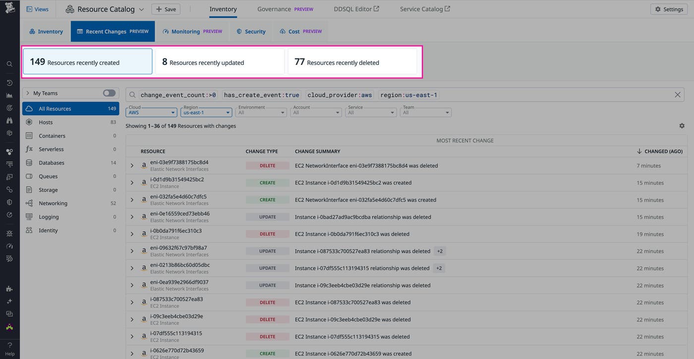 Resource Changes tab with query cards highlighted Resource Changes tab with query cards highlighted