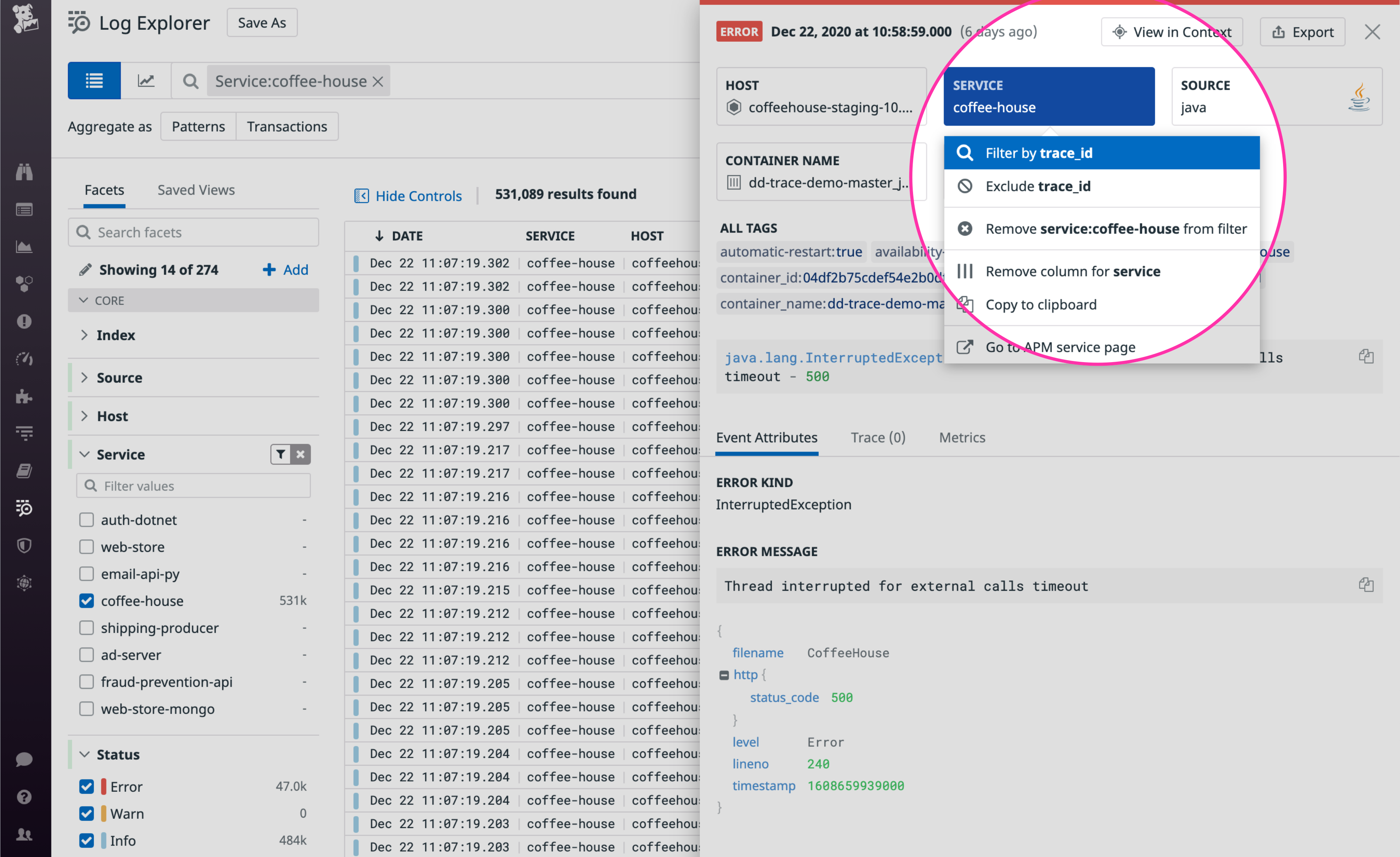 Gather all the logs correlated with a specific request or transaction by filtering for a trace ID.
