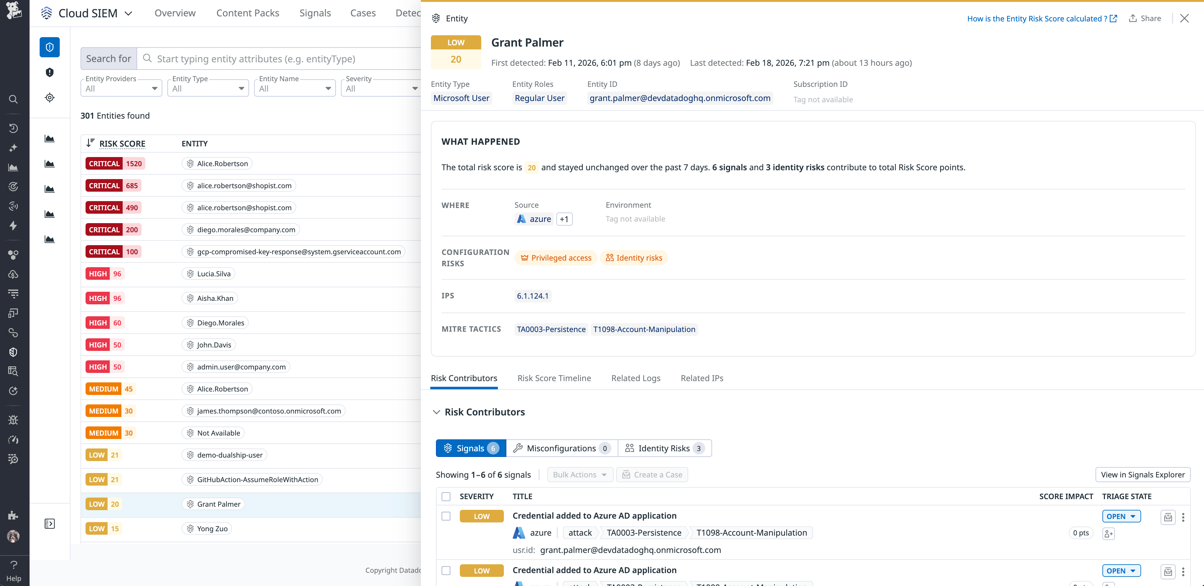 Use the Entity Side Panel to review an Azure entity's context and risk score breakdown.