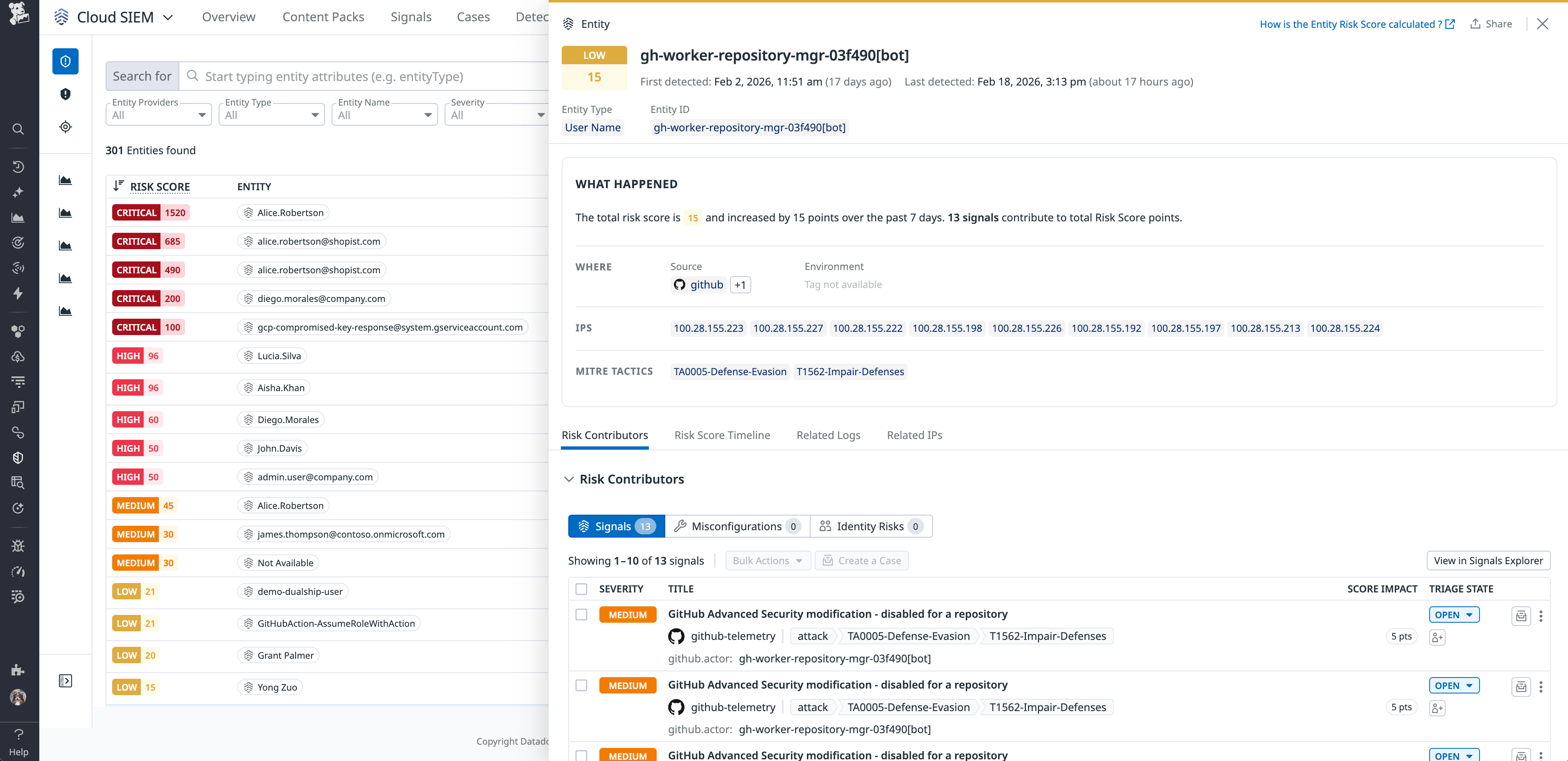 Use the Entity Side Panel to review a GitHub entity's context and risk score breakdown.
