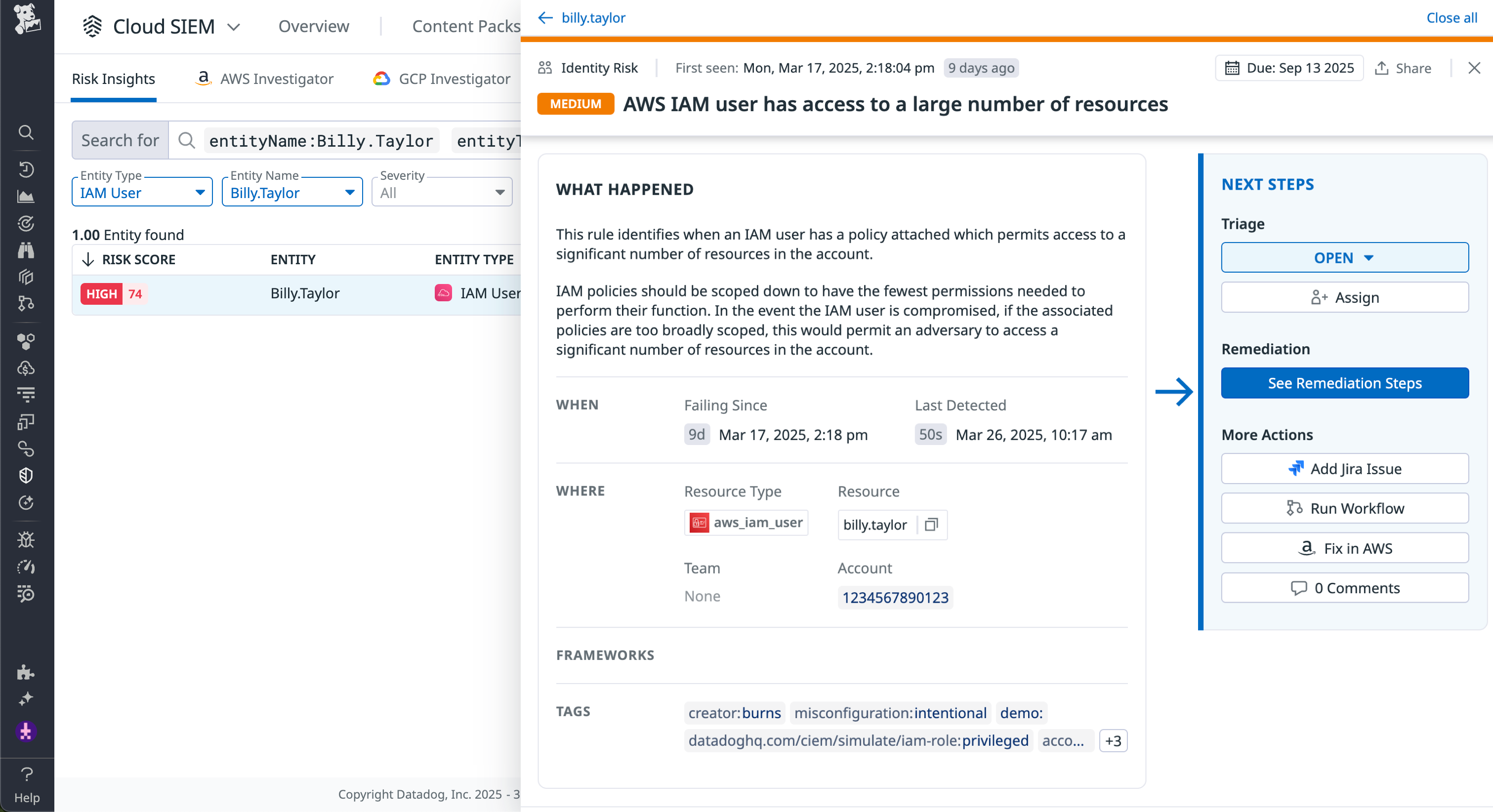 Identify risky misconfigurations in cloud environments with Datadog Cloud SIEM Risk Insights