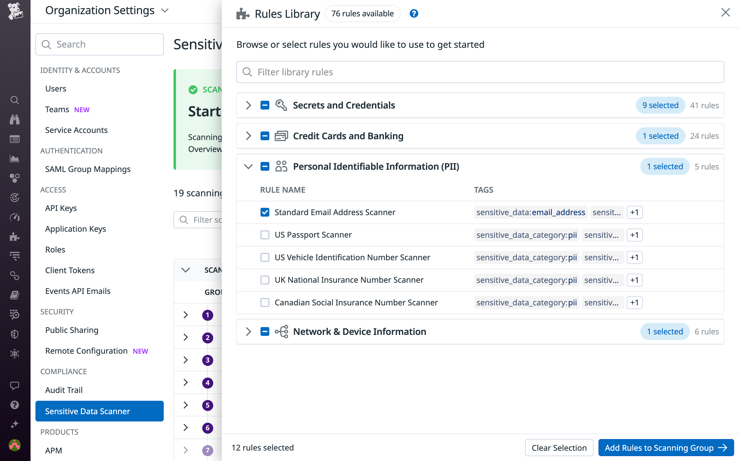 Datadog’s library of predefined rules for Sensitive Data Scanner.