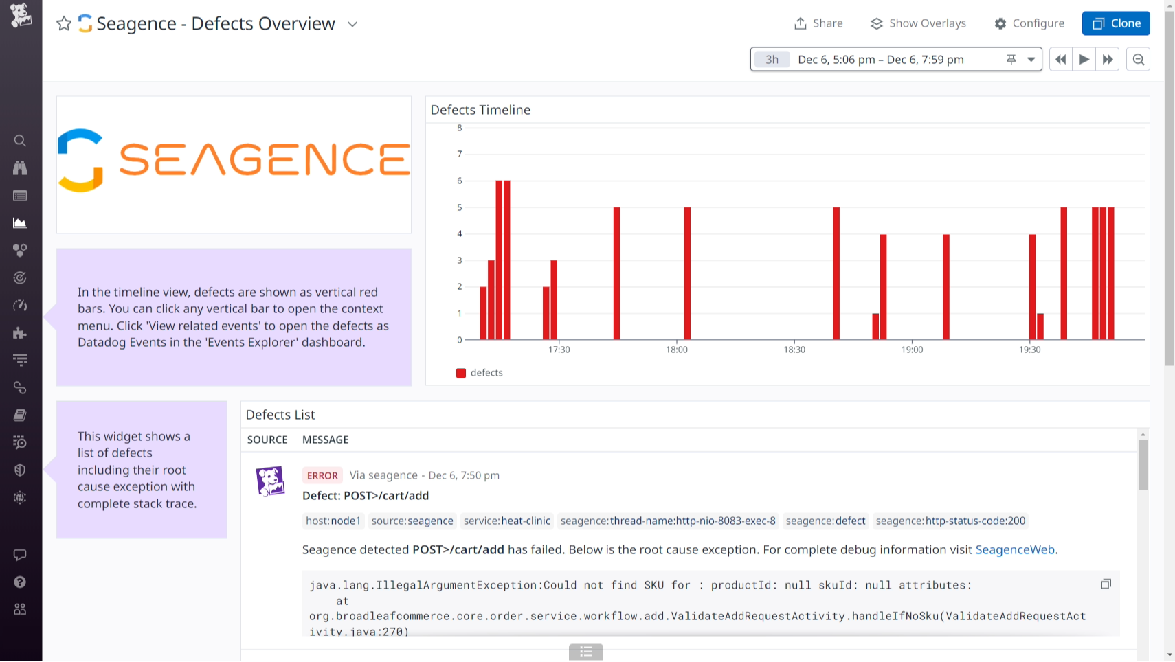 The out-of-the-box Seagence dashboard helps you visualize defects that have been detected in your Java applications.