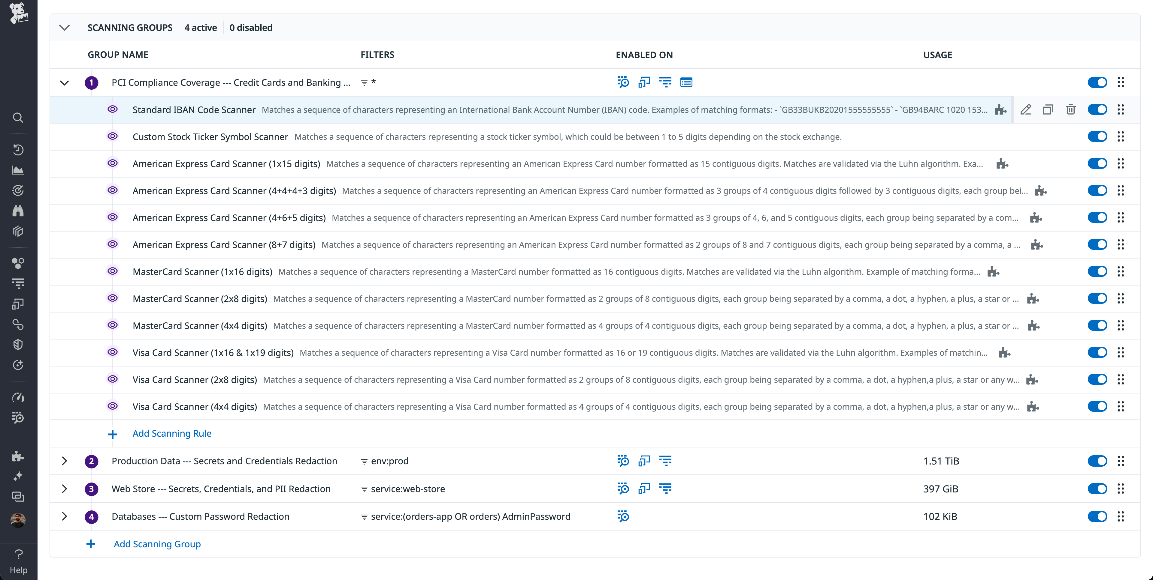 Scanning Groups page showing rules within default and custom rule categories.