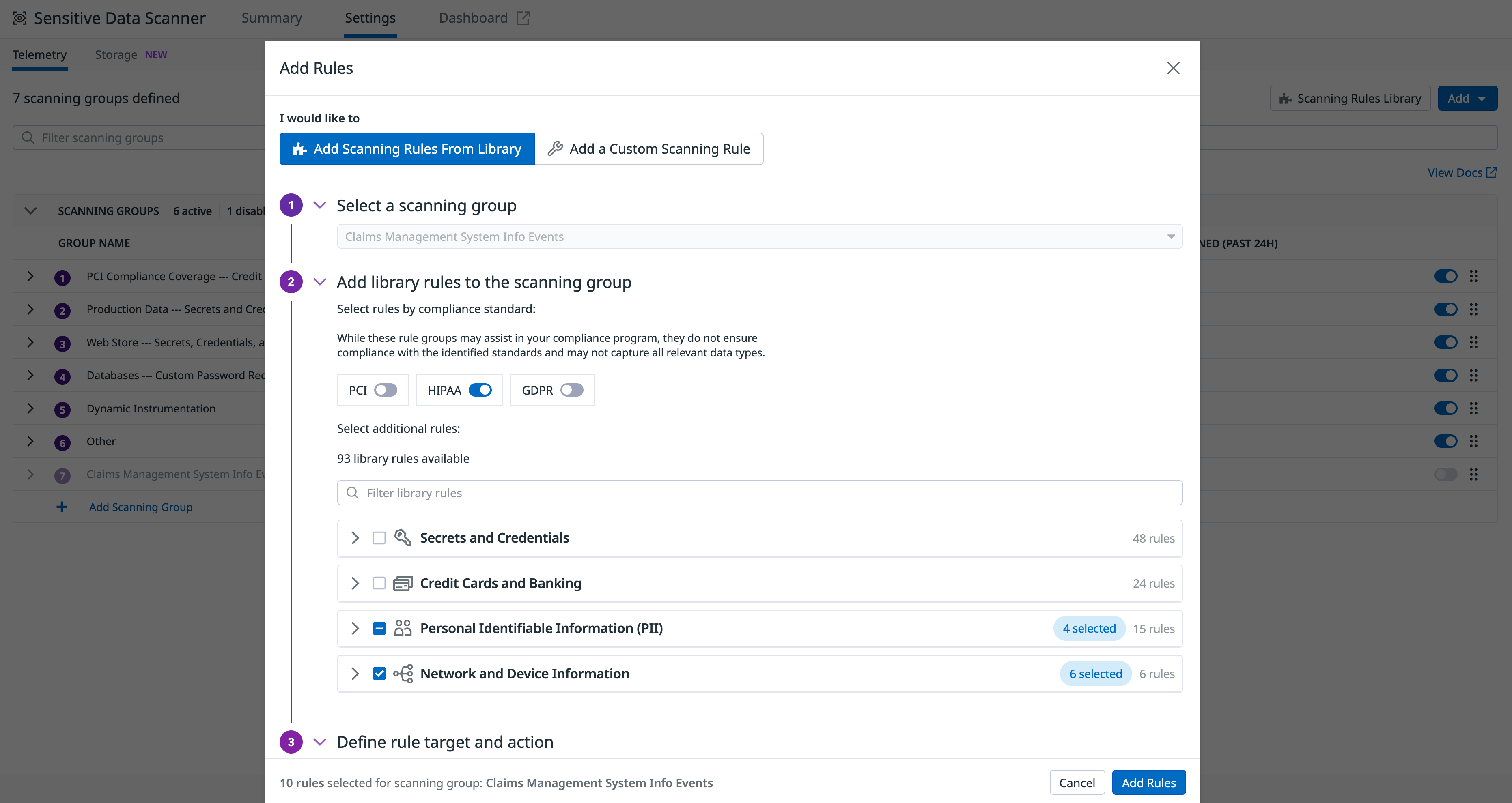 Adding detection rules to a scanning group in SDS.