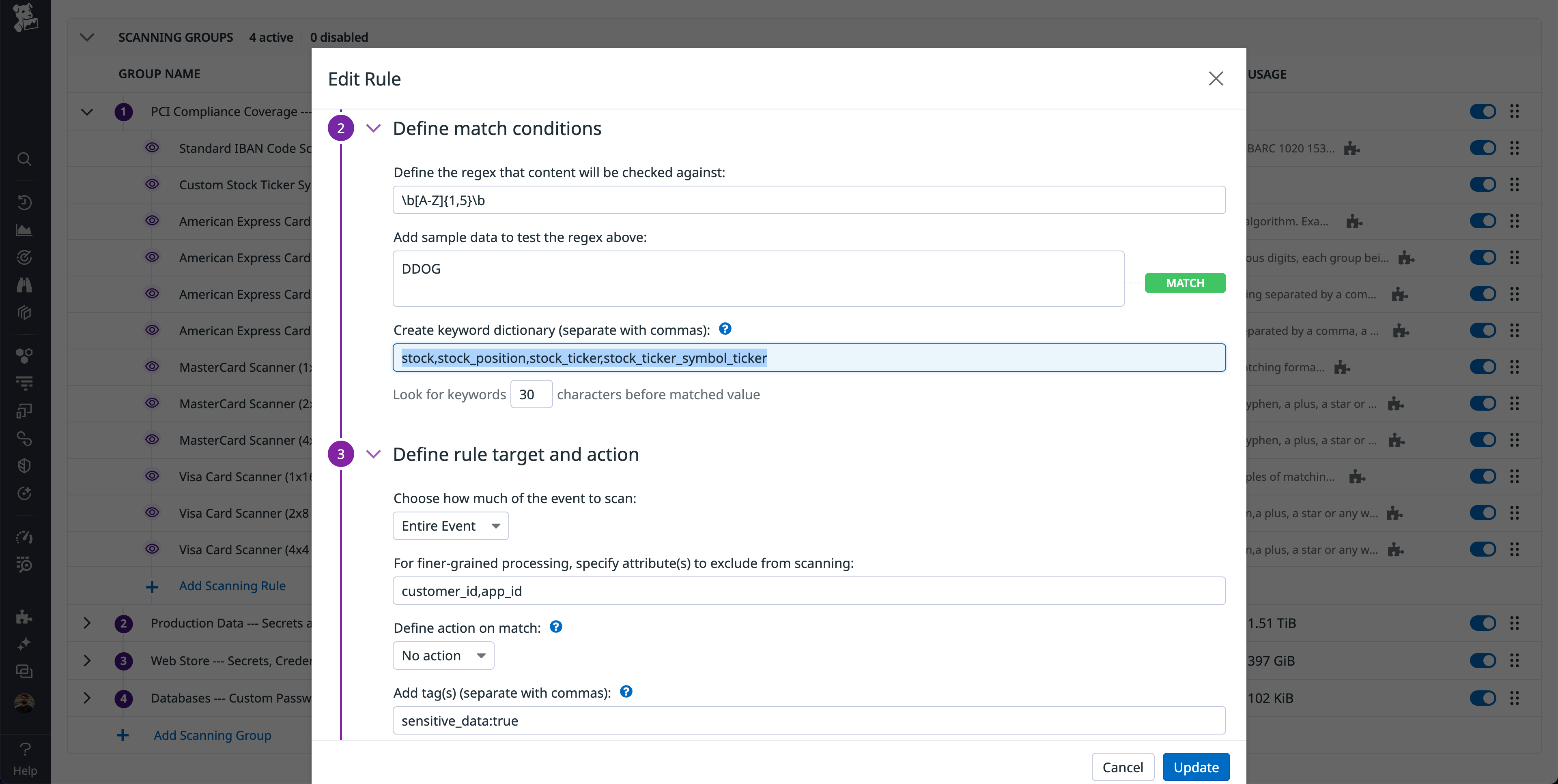 Custom keywords being added to the keyword dictionary to fine-tune matching conditions.