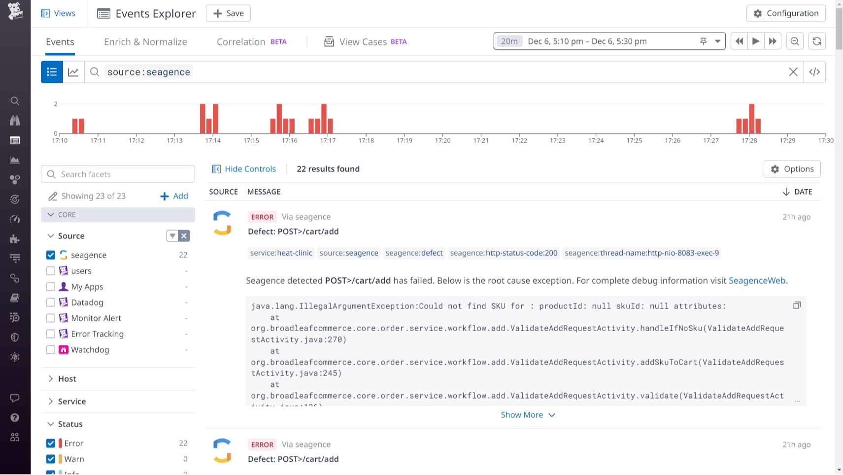 Seagence shows that an IllegalArgumentException error occurred on the /cart/add endpoint.