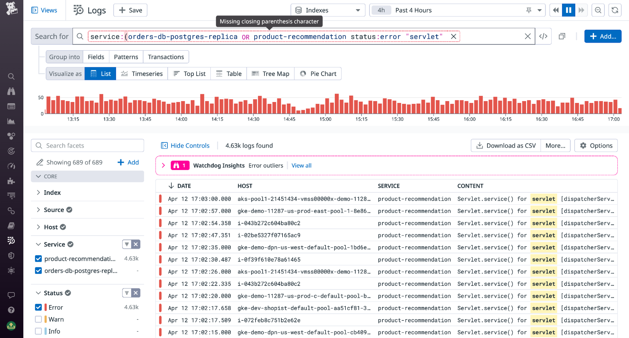 The Log Explorer search bar's error treatemnt helps you spot syntax errors