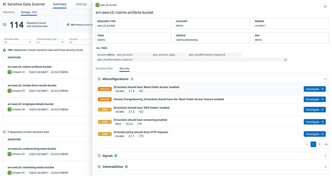 Cloud Security shows the security posture of S3 buckets. Cloud Security shows the security posture of S3 buckets.