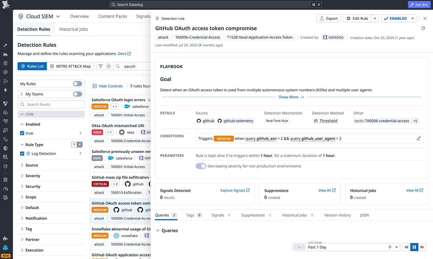 Datadog Cloud SIEM comes with OOTB detection rules that enable you to detet compromised OAuth access tokens. Datadog Cloud SIEM comes with OOTB detection rules that enable you to detet compromised OAuth access tokens.