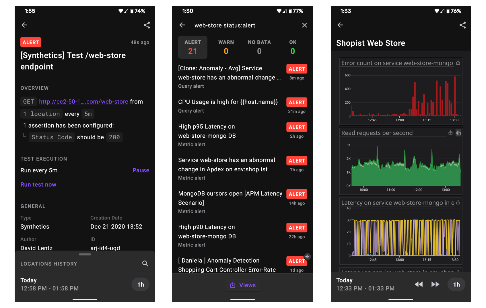 A screenshot of the mobile app shows the details of the alert that triggered the webhook, a list of similar web store alerts, and a web store dashboard.