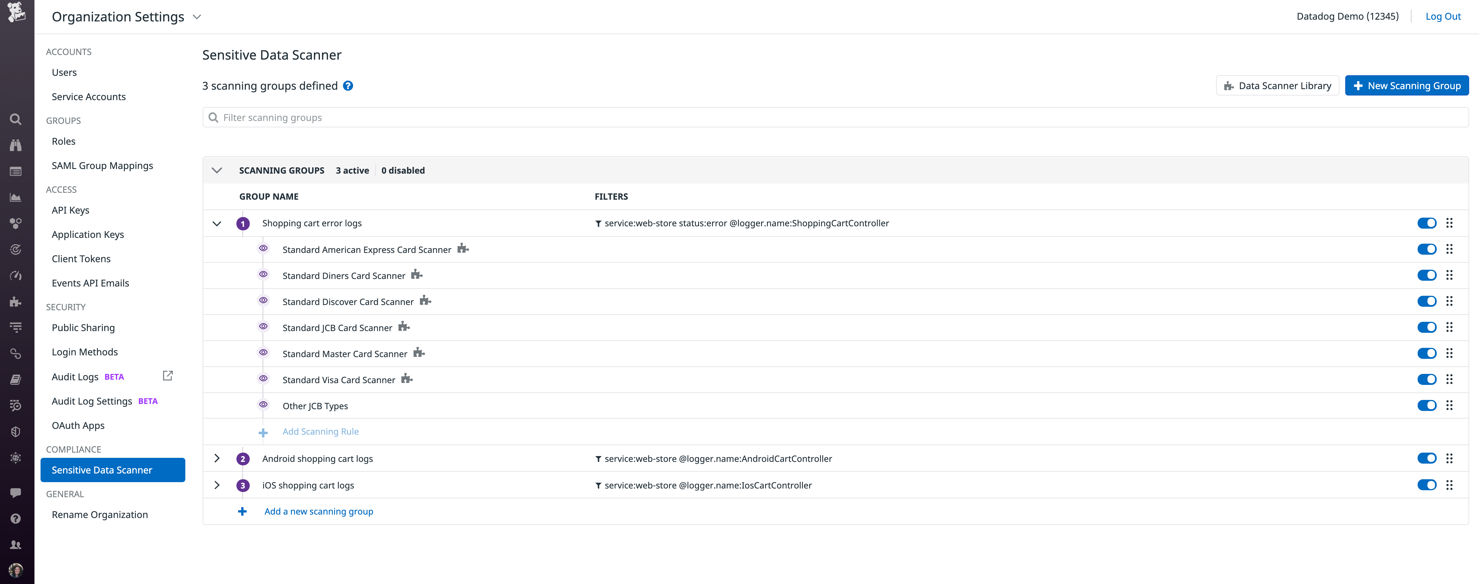 Create scanner groups to identify sensitive data in incoming logs.