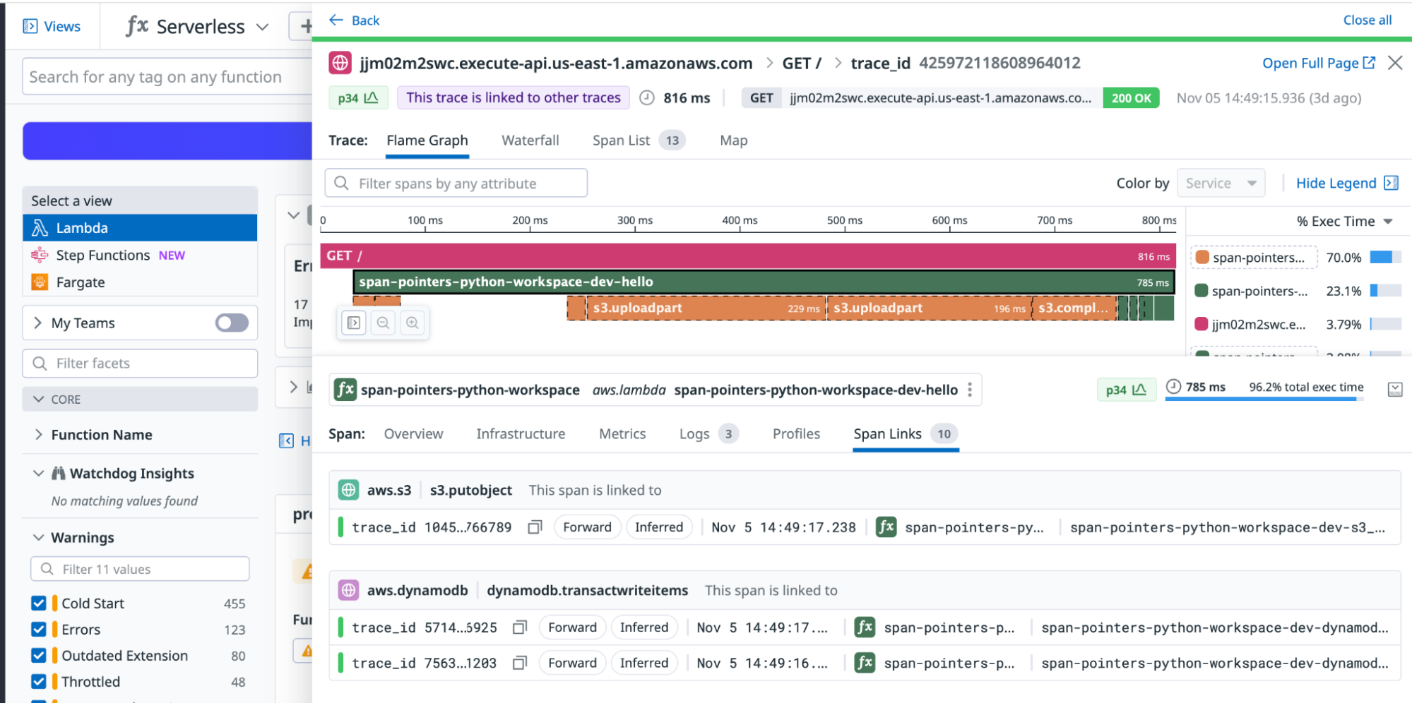 Span Auto-linking detects related upstream and downstream events