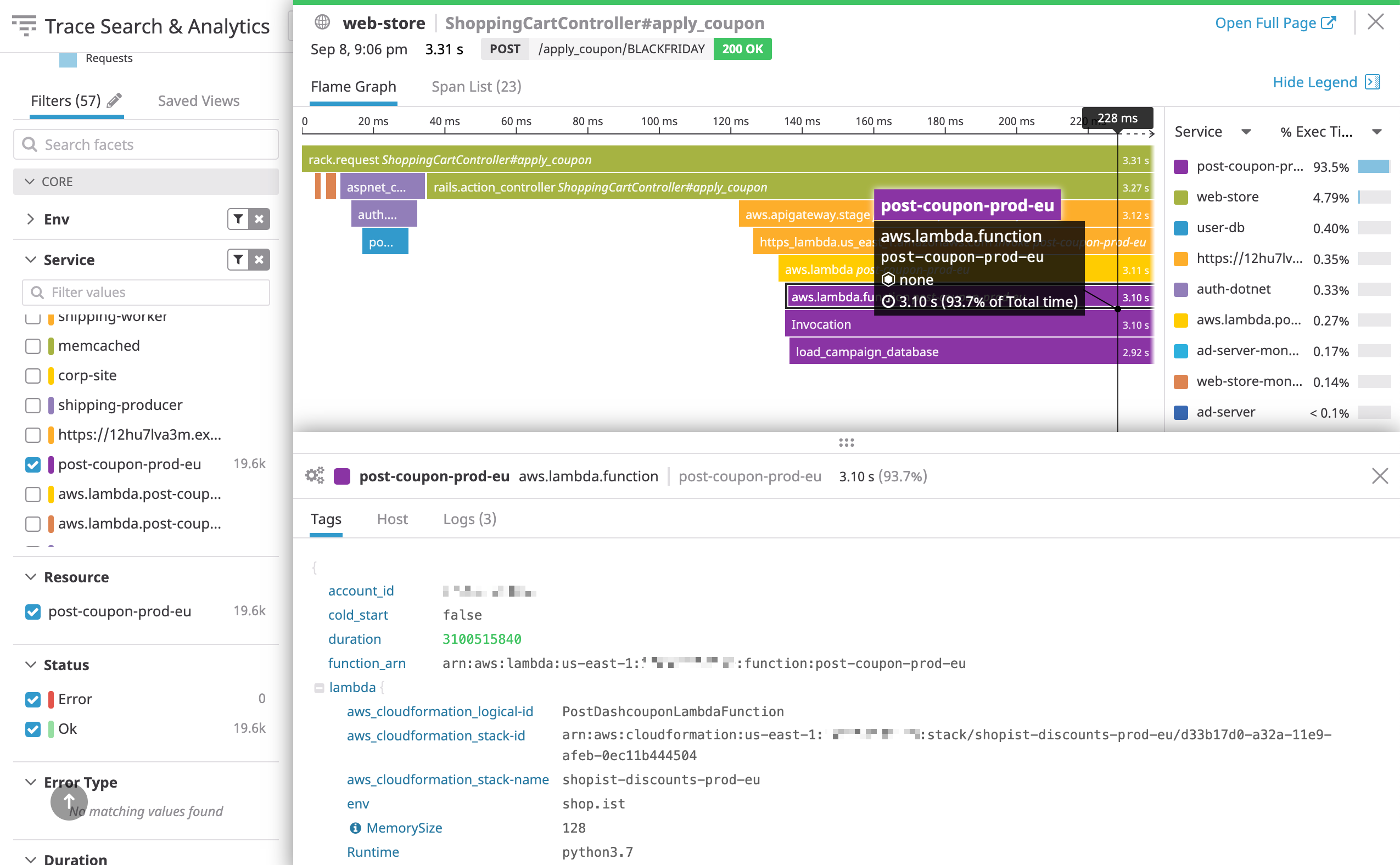 Trace requests across Lambda functions with datadog's serverless plugin