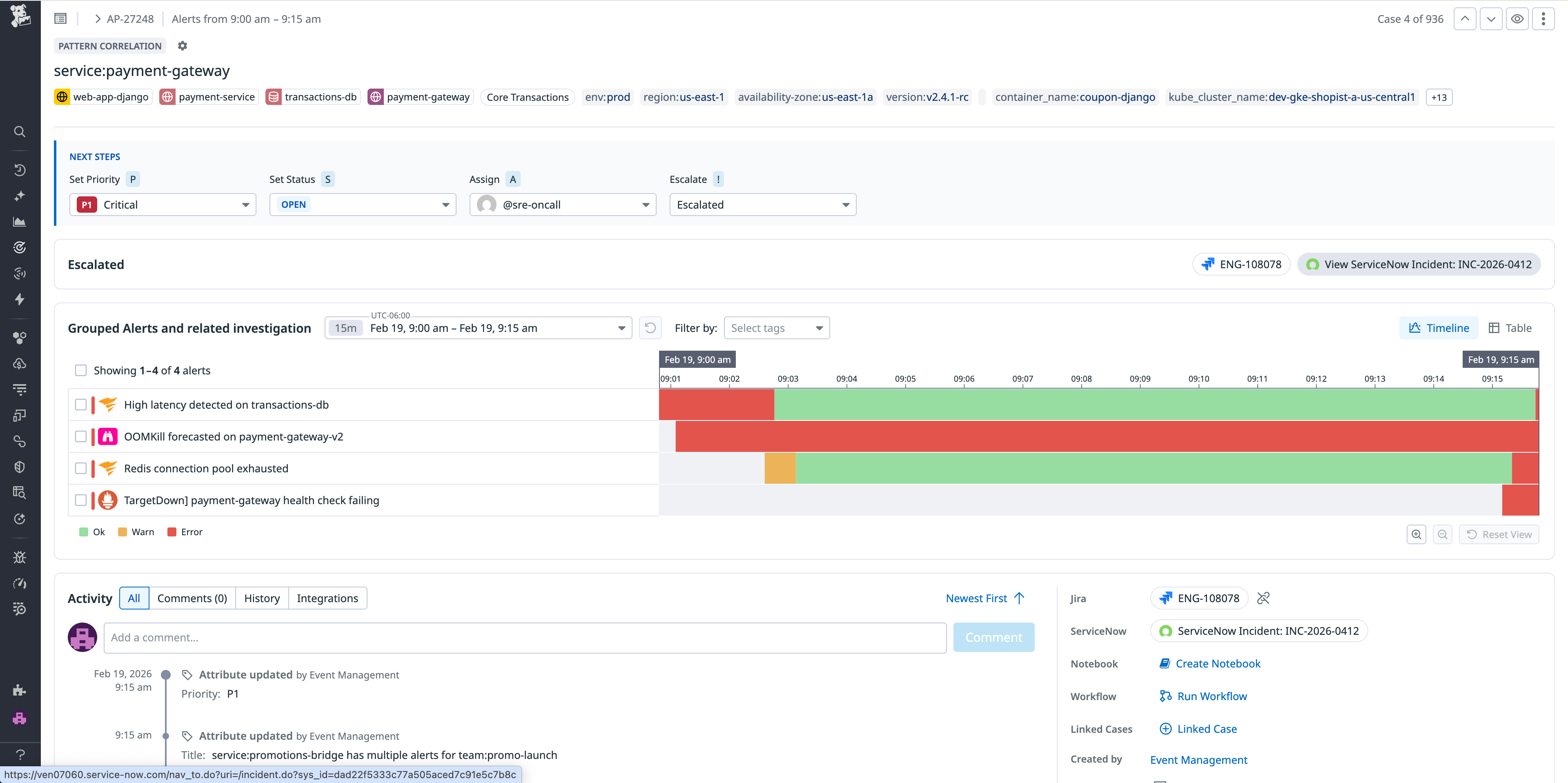 Datadog Event Management uses AI to detect and group related alerts into a case, helping you understand how a failure is propagating across your system. With Datadog’s ServiceNow integration, a ServiceNow record is automatically created and linked as soon as a case is created.