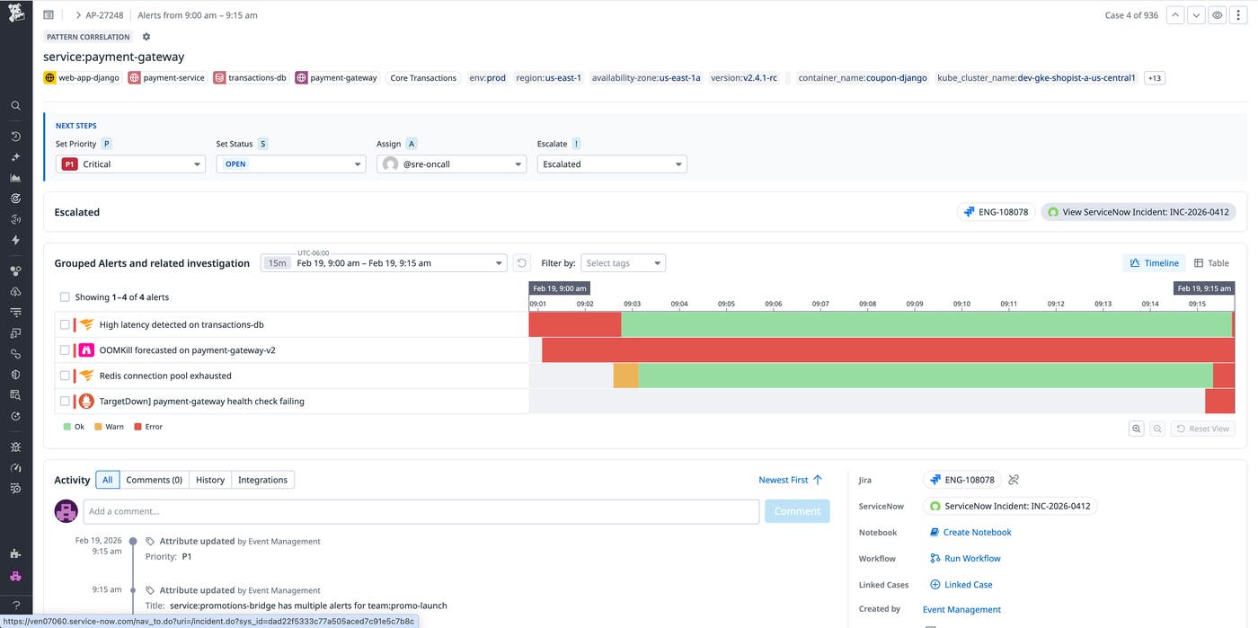 Datadog Event Management uses AI to detect and group related alerts into a case, helping you understand how a failure is propagating across your system. With Datadog’s ServiceNow integration, a ServiceNow record is automatically created and linked as soon as a case is created. Datadog Event Management uses AI to detect and group related alerts into a case, helping you understand how a failure is propagating across your system. With Datadog’s ServiceNow integration, a ServiceNow record is automatically created and linked as soon as a case is created.