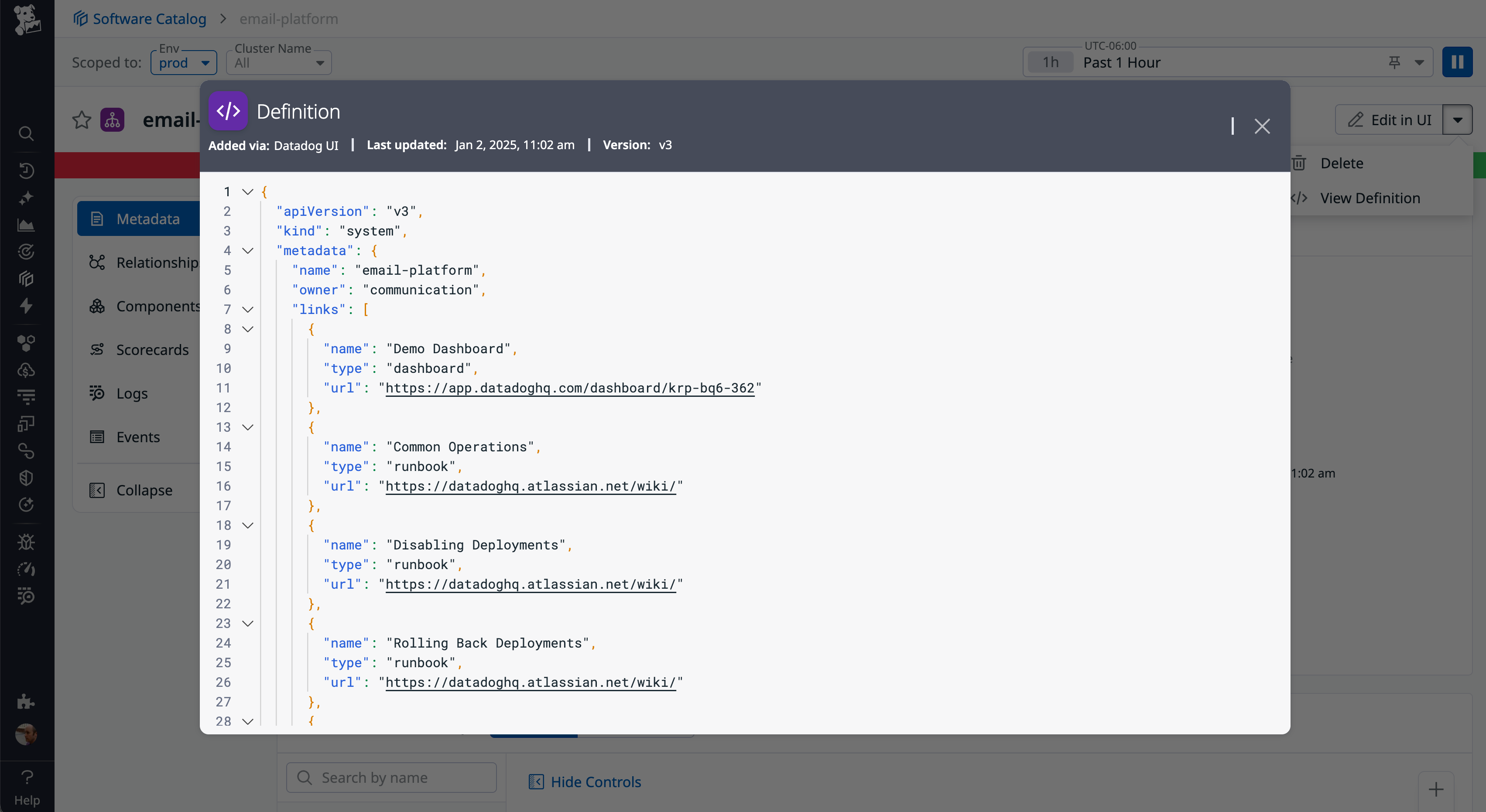 Screenshot of the Datadog UI showing the service definition for ‘email-platform.’ The code editor panel highlights ownership by ‘communication’ and includes linked resources: a demo dashboard in Datadog and multiple runbooks in a wiki for operations and deployment management.